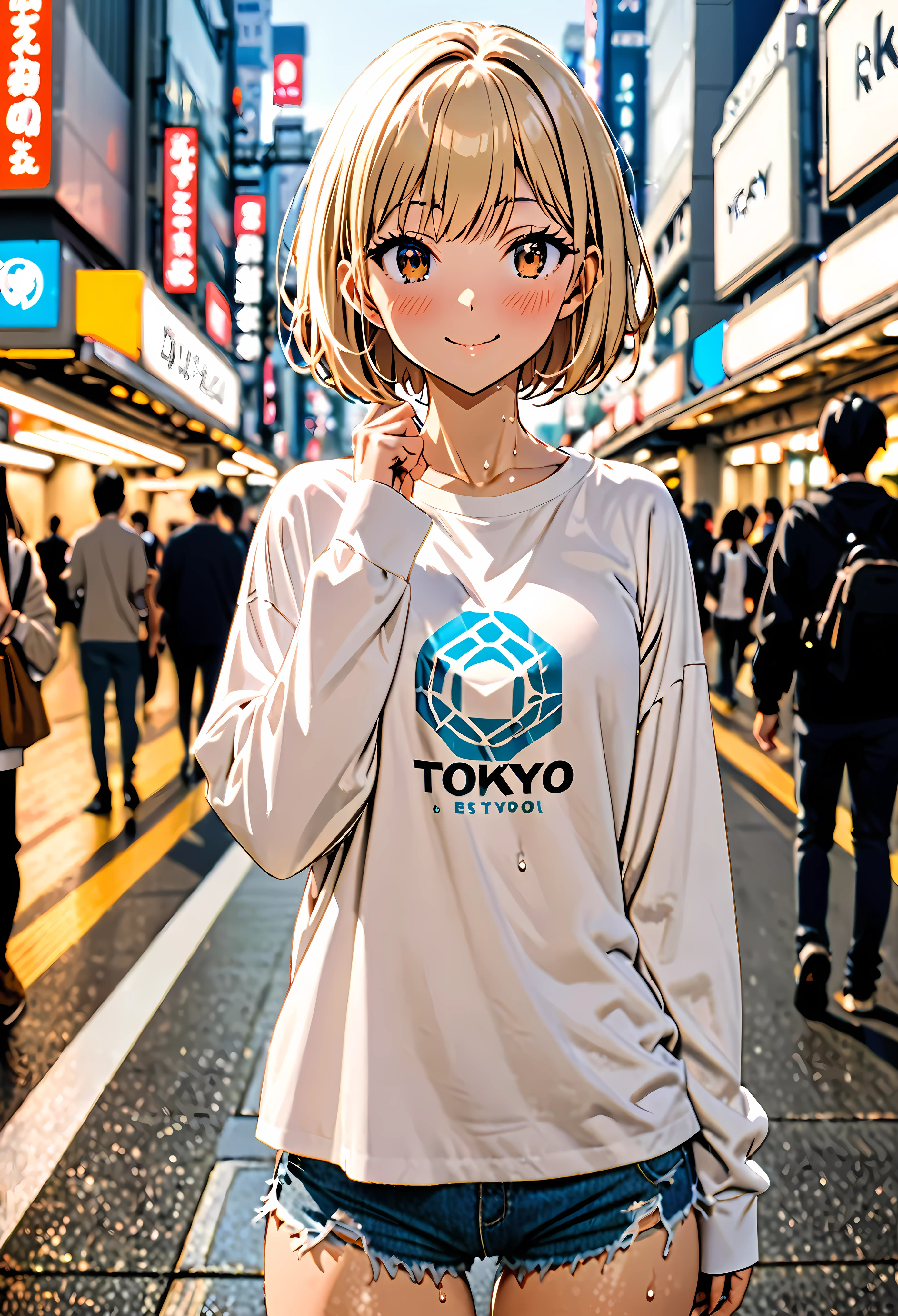 1 female,The perfect 20 years old,gal,((ideal ratio body proportions:1.3,small head:1.7)),tan skin,(((high quality anime, 8k,masterpiece,Perfect Anatomy))),cowboy shot,(beautiful detailed face and eyes,gorgeous eye:1.3),  BREAK  ,brown eyes,  BREAK  ,blonde hair,short bob hair,bangs,  BREAK  ,smile,blush,small breasts,slender body,toned body,skinny,sweat,  BREAK  ,oversized white t-shirt,Long sleeve、Denim micro shorts,　BREAK   ,standing,on street,Shibuya Station、Tokyo、