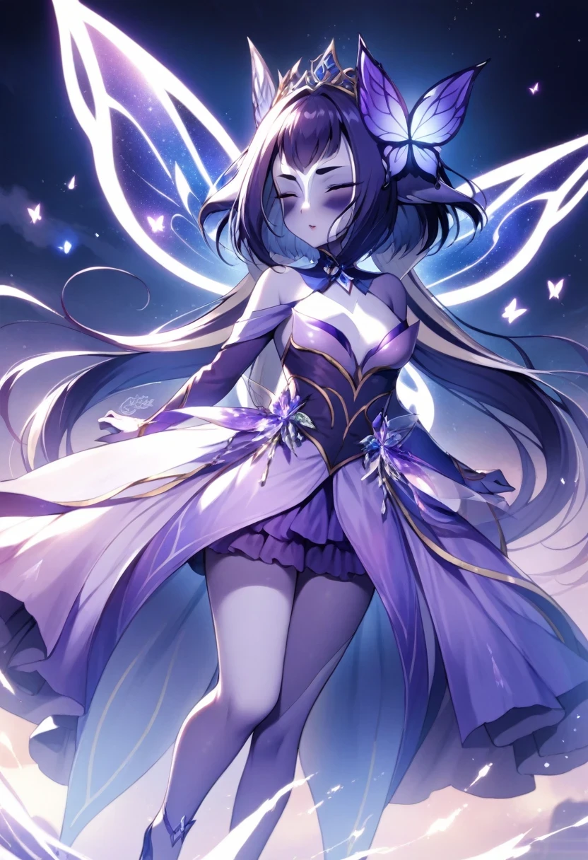 (shylily/(Twich/):1.5),(masterpiece:1.2),(best quality:1.2),purple dress、woman wearing butterfly wings, Fairy Tale Core, Mauve, princess of amethyst, Dark Purple, Dreamy dress, Wear purple, Celestial Fairy, Ethereal fairy tale, Fantasy Costumes, Dark Purple garments, Wearing a purple romantic ballet skirt, Violet skin, 🌺 cg social