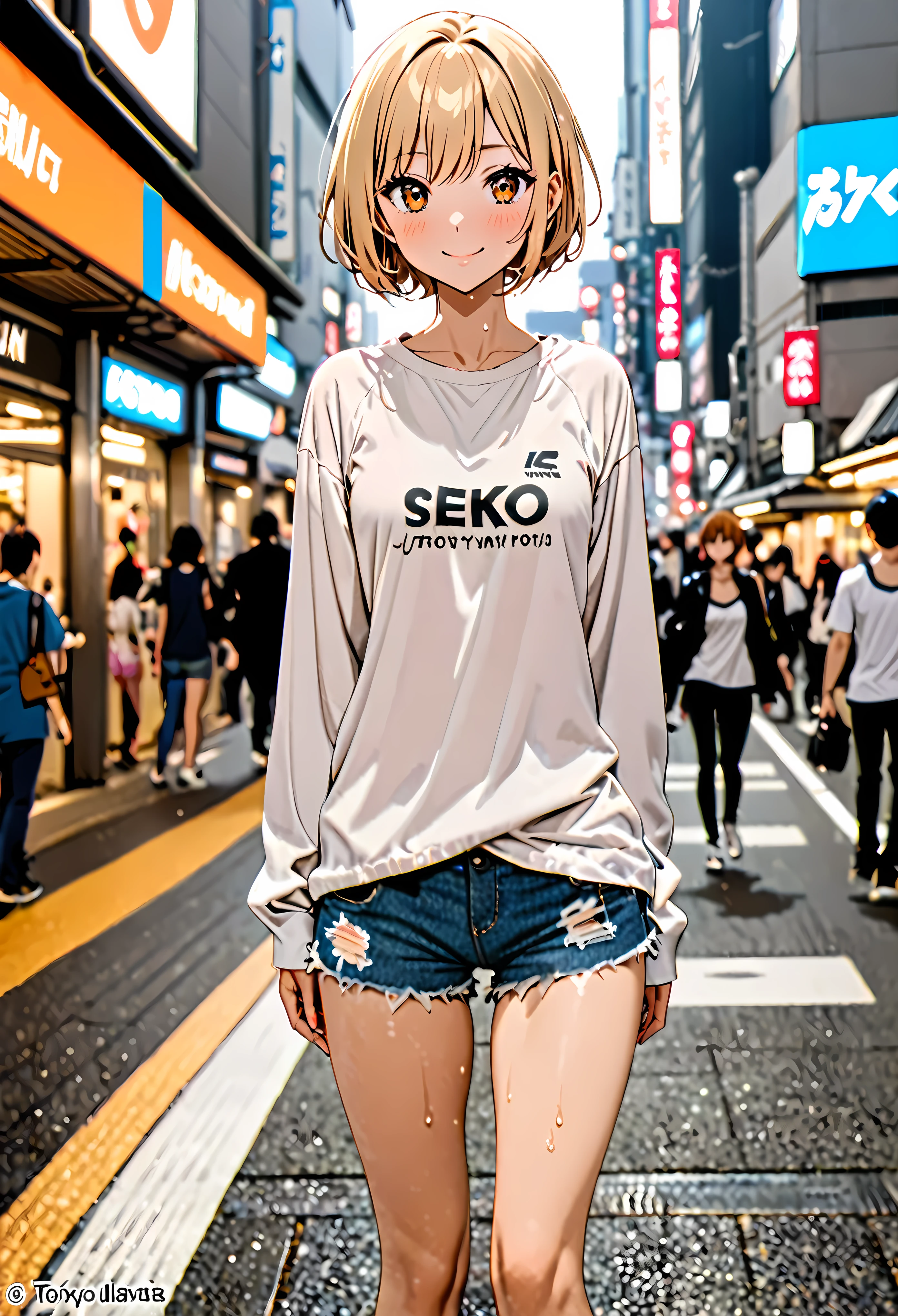 1 female,The perfect 20 years old,gal,((ideal ratio body proportions:1.3,small head:1.7)),tan skin,(((high quality anime, 8k,masterpiece,Perfect Anatomy))),cowboy shot,(beautiful detailed face and eyes,gorgeous eye:1.3),  BREAK  ,brown eyes,  BREAK  ,blonde hair,short bob hair,bangs,  BREAK  ,smile,blush,small breasts,slender body,toned body,skinny,sweat,  BREAK  ,oversized white t-shirt,Long sleeve、Denim micro shorts,　BREAK   ,standing,on street,Shibuya Station、Tokyo、