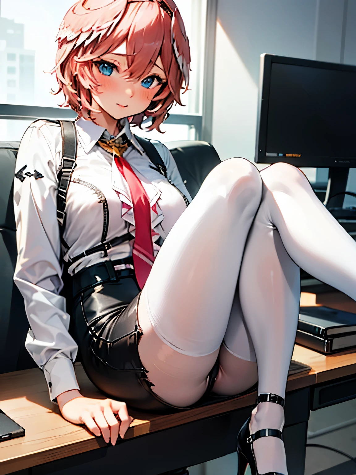 NSFW,Hololive,Rui Takane,White shirt,Black shorts,pantyhose,High heels,Embarrassed,blush,Lonely look,(Perfect hands),(Perfect Anatomy),(masterpiece),(highest quality),night,office,desk,Leg spread