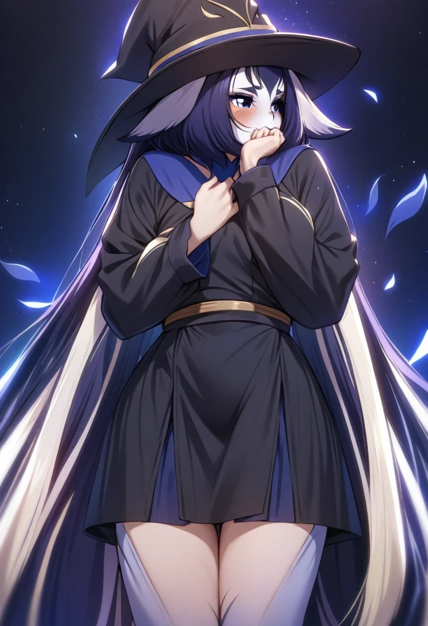(shylily/(Twich/):1.5),(masterpiece:1.2),(best quality:1.2),A  girl, Long hair,, Black Hat, black military uniform , Black skirt, Shy