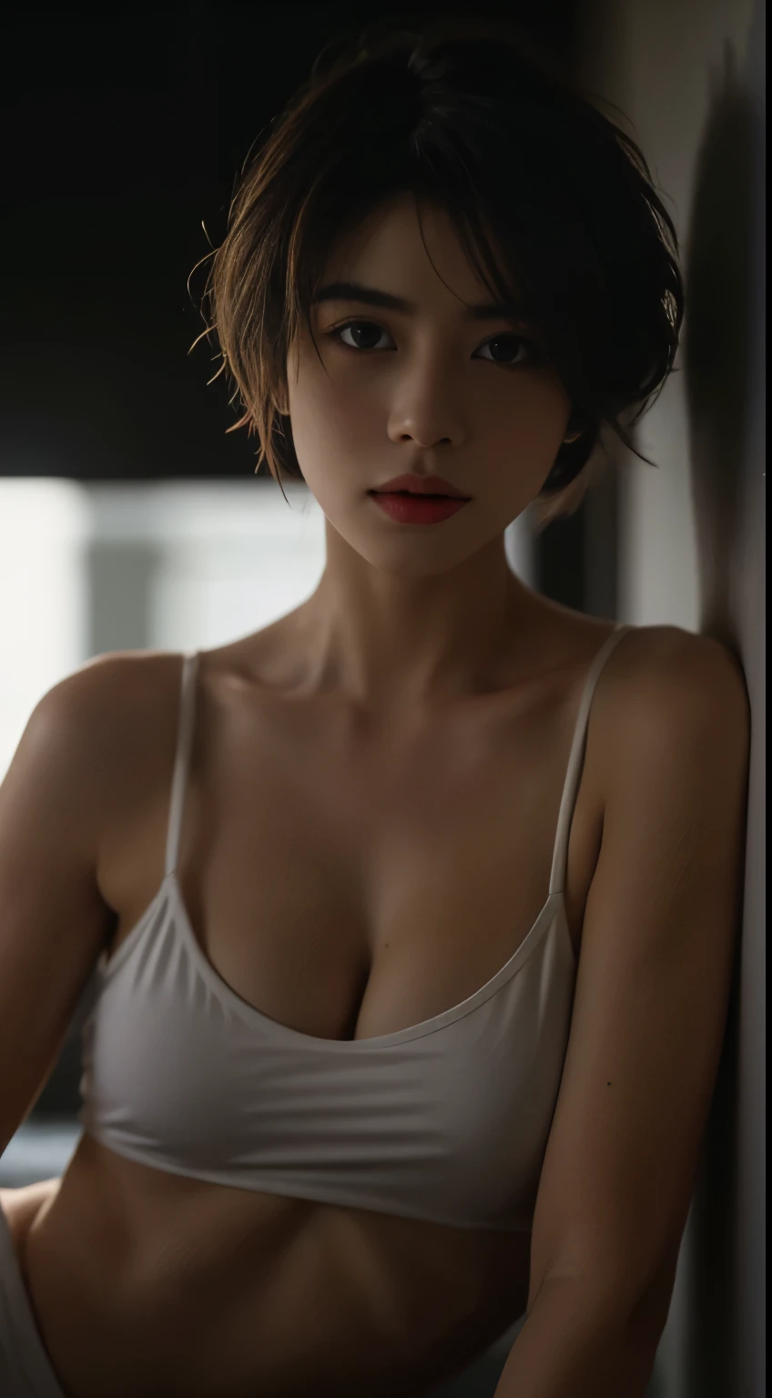 Best quality, masterpiece, ultra high res, (photorealistic:1.5), raw photo, 1girl, in the dark, deep shadow, low key, cold light, sexy look, short hair, swimsuit