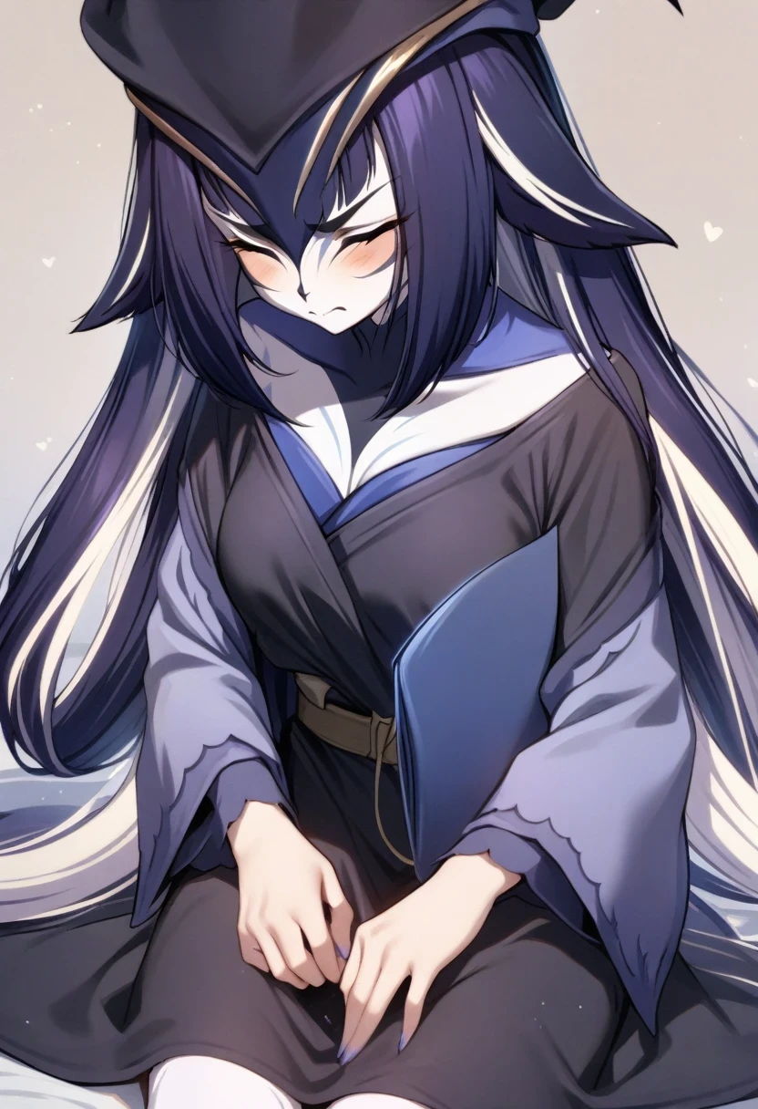 (shylily/(Twich/):1.5),(masterpiece:1.2),(best quality:1.2),A girl, Long hair,, Black Hat, black military uniform , Black skirt, Shy