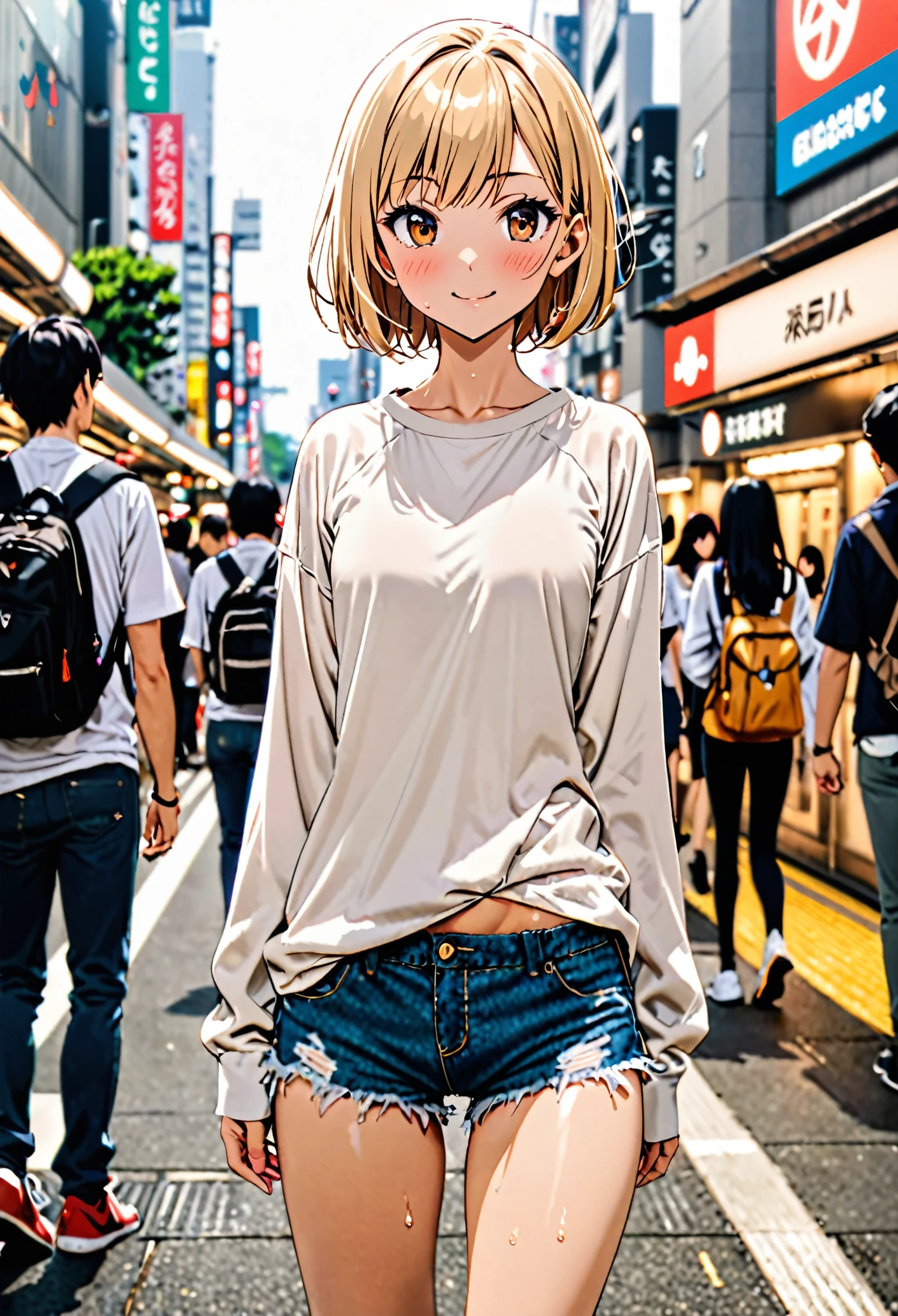 1 female,The perfect 20 years old,gal,((ideal ratio body proportions:1.3,small head:1.7)),tan skin,(((high quality anime, 8k,masterpiece,Perfect Anatomy))),cowboy shot,(beautiful detailed face and eyes,gorgeous eye:1.3), BREAK ,brown eyes, BREAK ,blonde hair,short bob hair,bangs, BREAK ,smile,blush,small breasts,slender body,toned body,skinny,sweat, BREAK ,oversized white t-shirt,Long sleeve、Denim micro shorts, BREAK ,standing,on street,Shibuya Station、Tokyo、