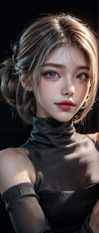 (Japanese cartoons, illusory:1.2), (portrait:1.6), (Brand Collection, Fashion Brand Theme:1.6), (detailed, fair, masterpiece, best quality:1.2), _ rest (1 Girl:1.2), 22 years old, 160 cm, Japanese cute model, Tighten your whole body, Medium breasts, Small head, Small face, Diamond Face, Small nose, Sharp facial lines, Delicate face, Delicate eyes, Young hands and fingers, fair hands and fingers, Five fingers, _ rest (Happy, Smile, Glossy lips:1.3), (Light lips, Half open mouth, fair Teeth:1.2), (Drooping eyes, double eyelids, Light eyes, Shining eyes:1.5), Glowing skin, _ rest (Hairstyles:1.4), (White hair:1.4), Shiny hair, _ rest (Gray simple blurred background:1.4), (mist, FOG:1.4), _ rest (Cowboy shooting:1.4), (permanent, Sexy model pose:1.2), rest (The Fusion of Cyberpunk and Wool:1.3), ((Wear an oversized wool turtleneck with a rubberized surface) Luxurious, Futurism, High Legs, Tights and a warm feeling:1.3), (Big sleeves:1.2), (7/8 Length:1.2), (Simple but cyberpunk themed design:1.3),
rest (Black and gray theme:1.2), (Low-rise leggings,With subtle reflective pattern:1.2), (Ankle boots with stylish metal details:1.4), (Avant-garde and versatile:1.2),
rest (Gray background:1.4), (confident permanent pose:1.2),