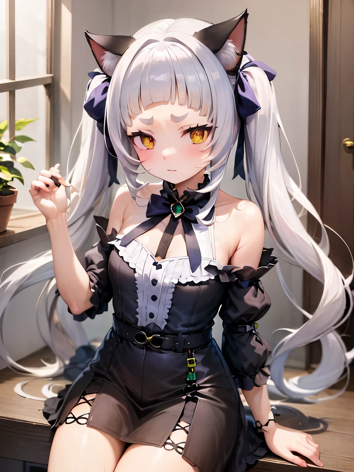 NSFW,Hololive,Shion Murasaki、1 female、Long Hair、Twin tails、Hair Ribbon、Short eyebrows、Animal Ears、Cat's Tail、Earrings、frilled choker、Halter neck、Black Ribbon、Star brooch、Shoulder Bare、Black dress、Frill dress、Gothic、Removal sleeve、Wide sleeves、Purple Pantyhose,(Perfect hands),(Perfect Anatomy),(masterpiece),(highest quality)