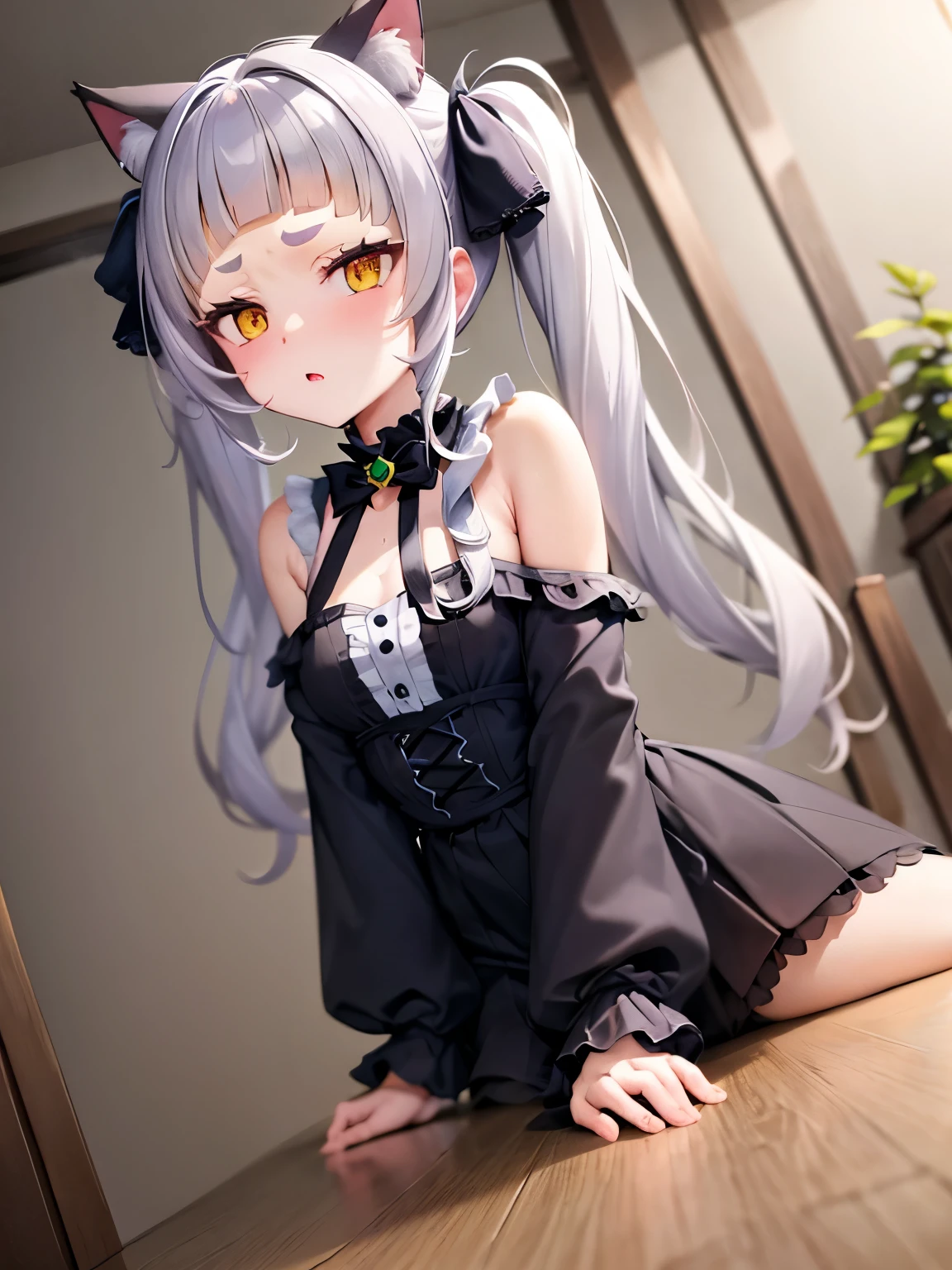 NSFW,Hololive,Shion Murasaki、1 female、Long Hair、Twin tails、Hair Ribbon、Short eyebrows、Animal Ears、Cat&#39;s Tail、Earrings、frilled choker、Halter neck、Black Ribbon、Star brooch、Shoulder Bare、Black dress、Frill dress、Gothic、Removal sleeve、Wide sleeves、Purple Pantyhose,(Perfect hands),(Perfect Anatomy),(masterpiece),(highest quality)