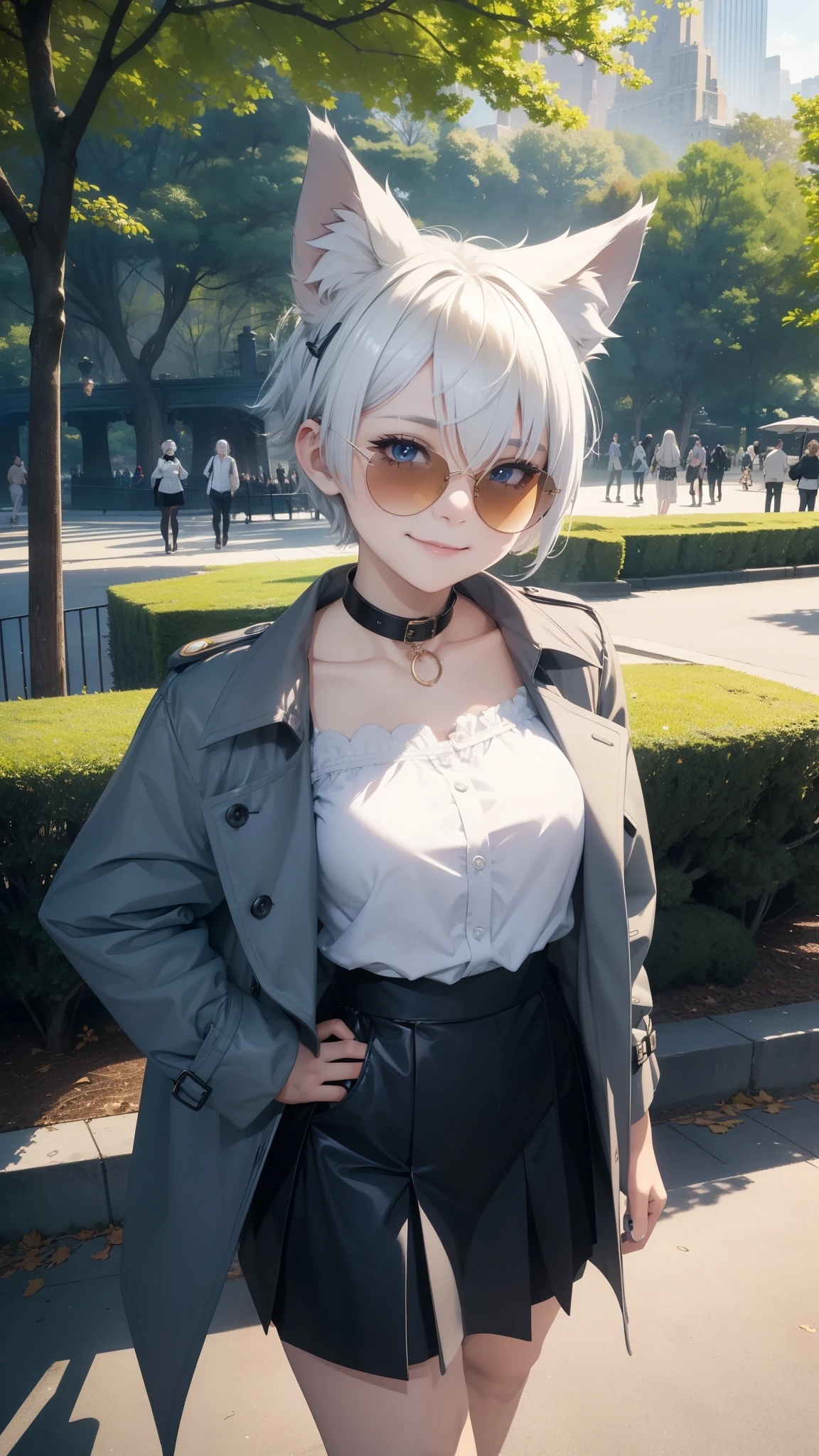 Masterpiece, wide smile, couple, 2others, boyish girl with short (white hair), (half shaved hair style), (happy face expression), ((has wolf ears, has wolf tail)), (wearing casual blouse and skirt, casual trench coat, sunglasses), (chocker, collar), thick thighs, wide hips, solo, alone, no wolves, has glowing blue eyes, flat chest, Comics, fantasia, sfw, central park, walking, park background