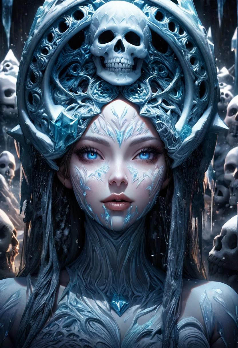 (best quality, highres, ice skull:1.1), ice skull, girl style, thick body art, detailed facial features, icy blue eyes, glossy lips, long eyelashes, porcelain skin, blue and silver color scheme, intricate skull design, realistic texture, vibrant colors, elaborate background, mysterious atmosphere, frozen garden, snow-covered trees, sparkling ice crystals, surreal lighting, fantasy elements