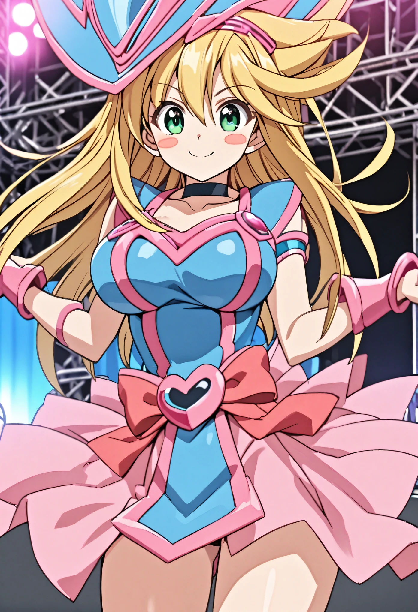 dark magician girl, blonde hair, choker, green eyes, long hair, blush, blush stickers,, live stage, large breasts, 1girl, smile,