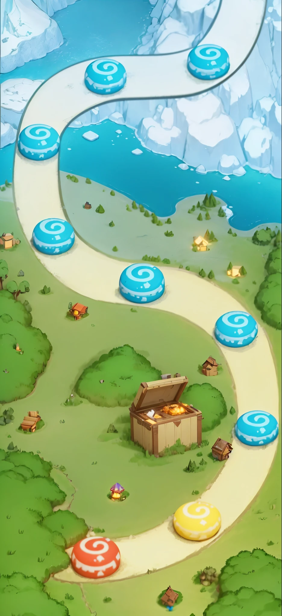 (in pixar style:1.2), Location map On the map, there should be 1.5 - 2 settings with a smooth transition. The main objects (character, level blocks, etc.) are the size of the setting of 5-7 levels each. ,There is a game location: Character on the level (shows the current position) The road is the player's path. Completed level (3-star mechanics) - condition Level not passed is a condition Gate between settings (optional) Environment - the objects of the environment that form the setting. Global lighting, Ray tracing, hdr, rendering, unreal rendering, best quality,8K, bushes trees, ice, Ice, Treasure Chest