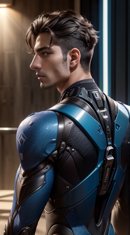 realista, obra de arte, detalhes intrincados, fundo detalhado, profundidade de campo, cinematic, apenas, peitorais, mamilos, nu, photo of a handsome male cyborg with shiny mechanical parts, Intricate mechanical details, brilliant mechanical joints, Arame, Cabo, Science fiction, headshot portrait, Parte superior do peito, fundo de fantasia futurista, design futurista elegante, olhando para o espectador, barba, from behind,