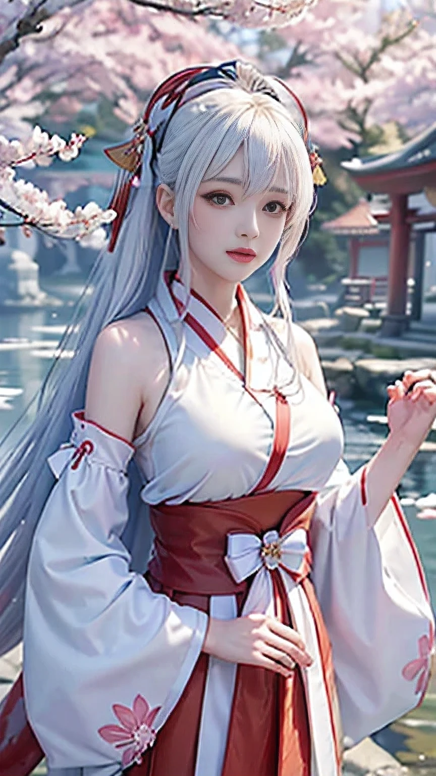 (masterpiece, best quality, realistic,Every detail,dutch angle):1.5(1girl, solo,Close-up)(medium breasts, white hair, aqua eyes)(shrine maiden、White shrine maiden outfit、Long red hakama)(standing,Model-like pose, floating hair)(Japanese Shrines、Cherry tree、Cherry blossom petals、Fantastic landscape)