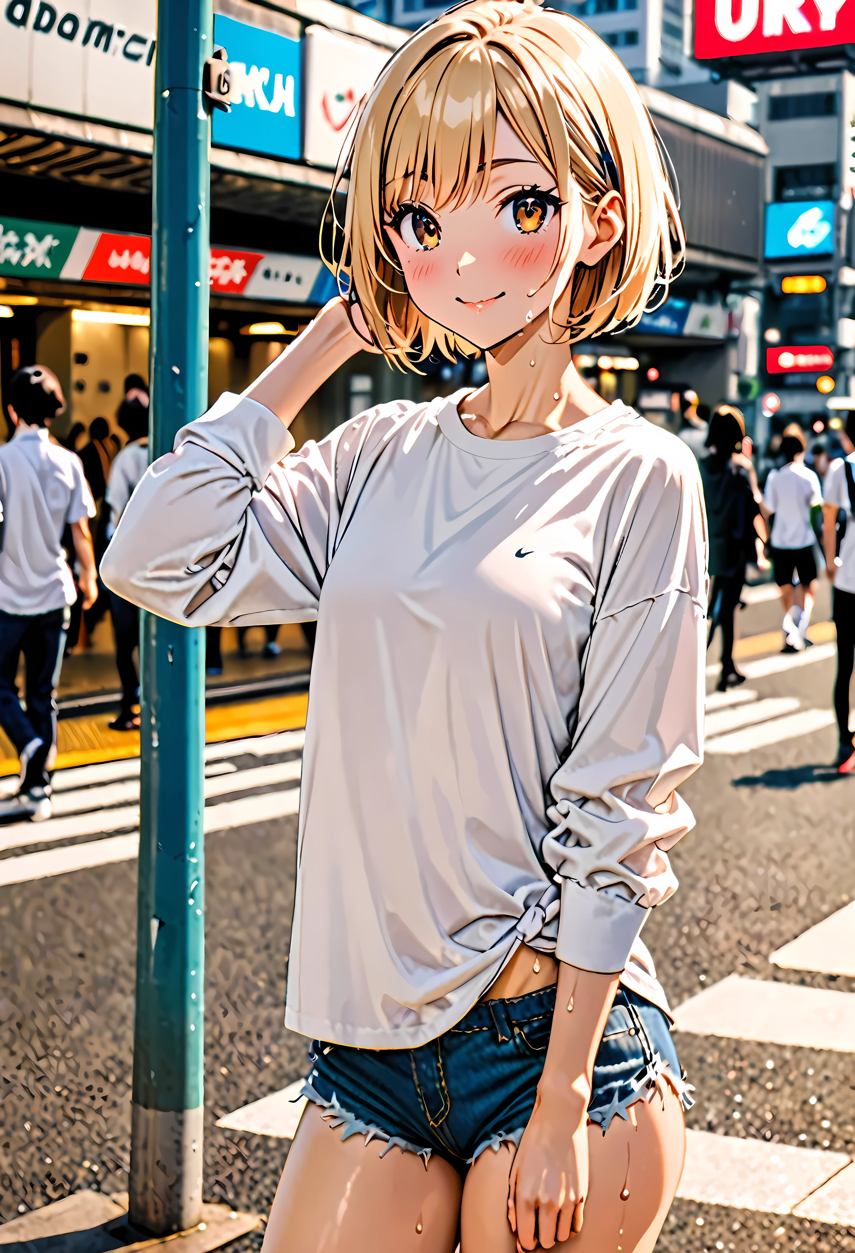 1 female,The perfect 20 years old,gal,((ideal ratio body proportions:1.3,small head:1.7)),tan skin,(((high quality anime, 8k,masterpiece,Perfect Anatomy))),cowboy shot,(beautiful detailed face and eyes,gorgeous eye:1.3), BREAK ,brown eyes, BREAK ,blonde hair,short bob hair,bangs, BREAK ,smile,blush,small breasts,slender body,toned body,skinny,sweat, BREAK ,oversized white t-shirt,Long sleeve、Denim micro shorts, BREAK ,standing,on street,Shibuya Station、Tokyo、