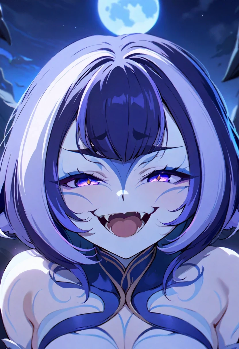 (shylily/(Twich/):1.5),(masterpiece:1.2),(best quality:1.2),one girls, evil face, fangs, frowning eyebrows, wicked smile, Moon In Background, 8K quality, Best Quality, hairlong, a beautiful background, 1920x1080 resolution, neon eyes,