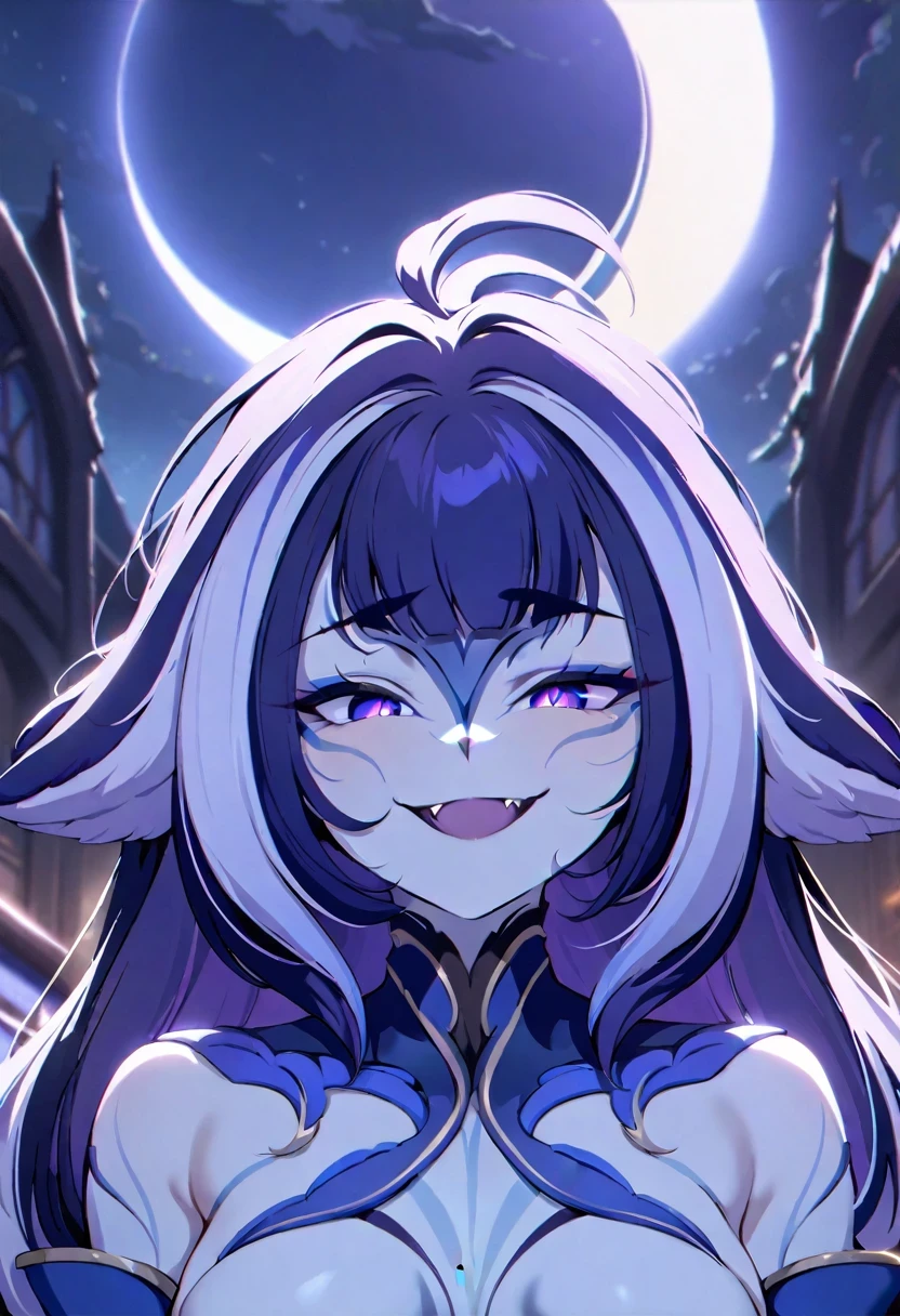 (shylily/(Twich/):1.5),(masterpiece:1.2),(best quality:1.2),one girls, evil face, fangs, frowning eyebrows, wicked smile, Moon In Background, 8K quality, Best Quality, hairlong, a beautiful background, 1920x1080 resolution, neon eyes,