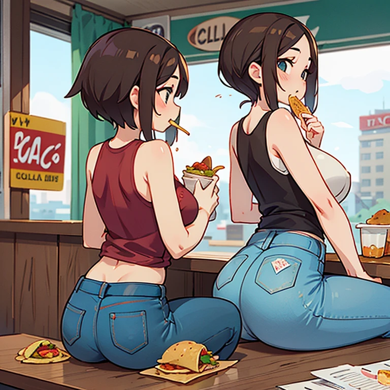 A woman in a tank top and slim jeans eating a taco at a taco shop　The cola is on the table　Large Breasts　Big Ass