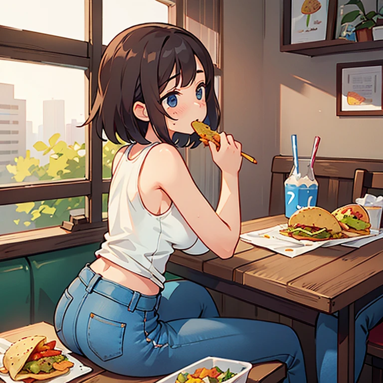 A woman in a tank top and slim jeans eating a taco at a taco shop The cola is on the table Large Breasts Big Ass