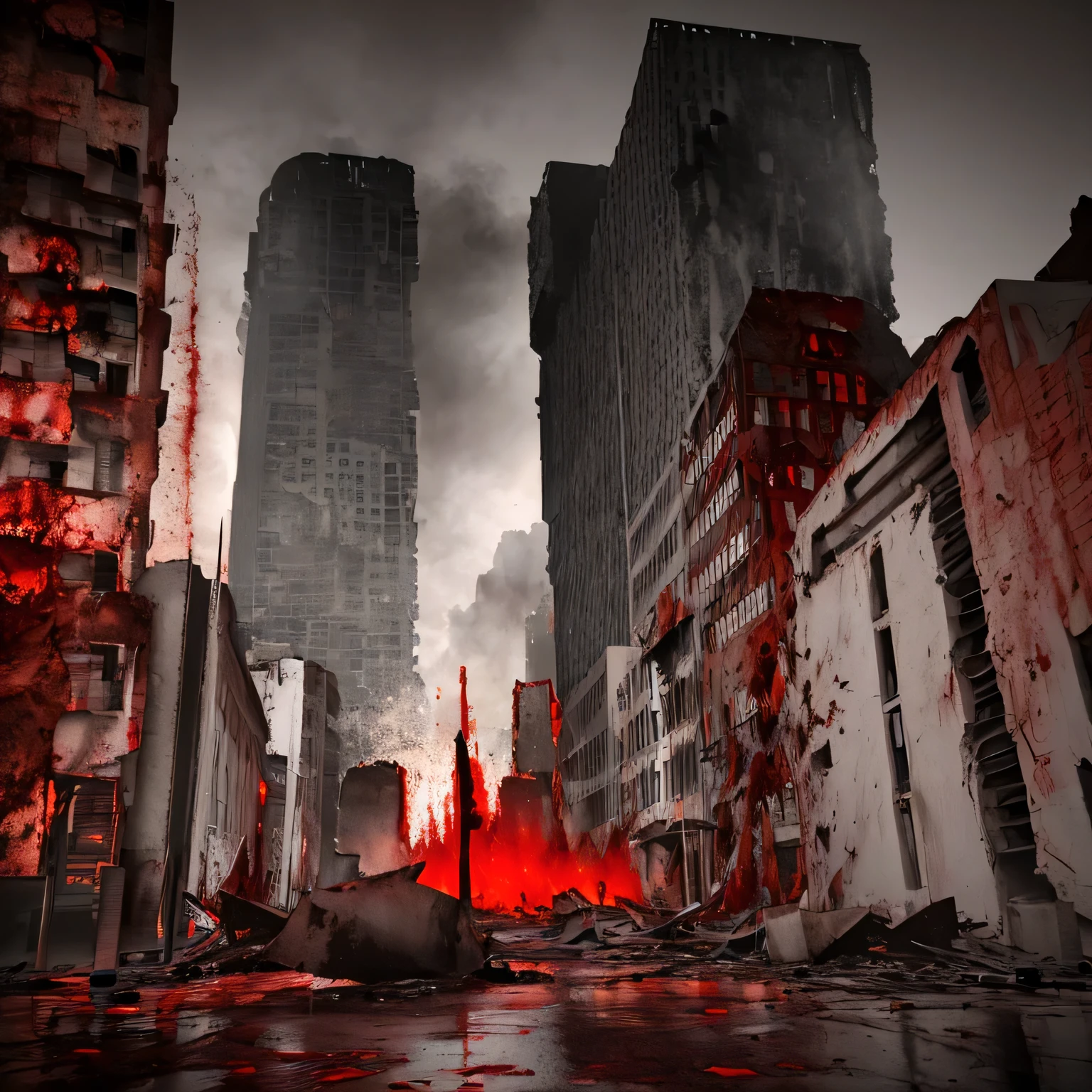 The city is on fire, red tint, darkness, dark atmosphere, blood, destroyed buildings, 3d