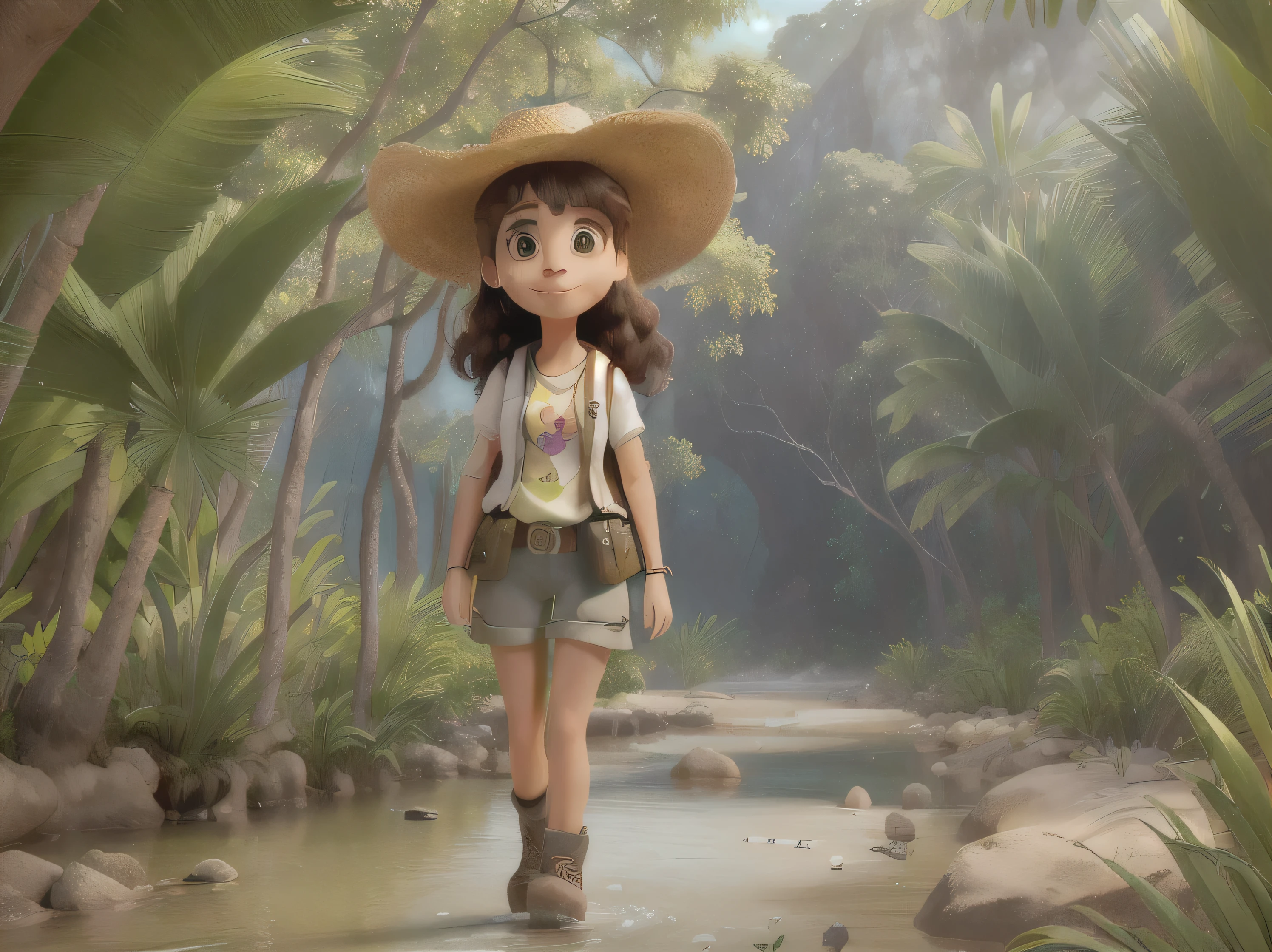 Mujer araffe al estilo de disney pixar caminando por un sendero en el bosque con un sombrero puesto, she is walking on a river, standing in a shallow river, white shorts and hiking boots, usar ropa de viaje sucia, In a river in the jungle, ropa de senderismo, en la jungla, girl walking in a canyon, en una jungla, parado en aguas poco profundas, usando equipo de aventuras