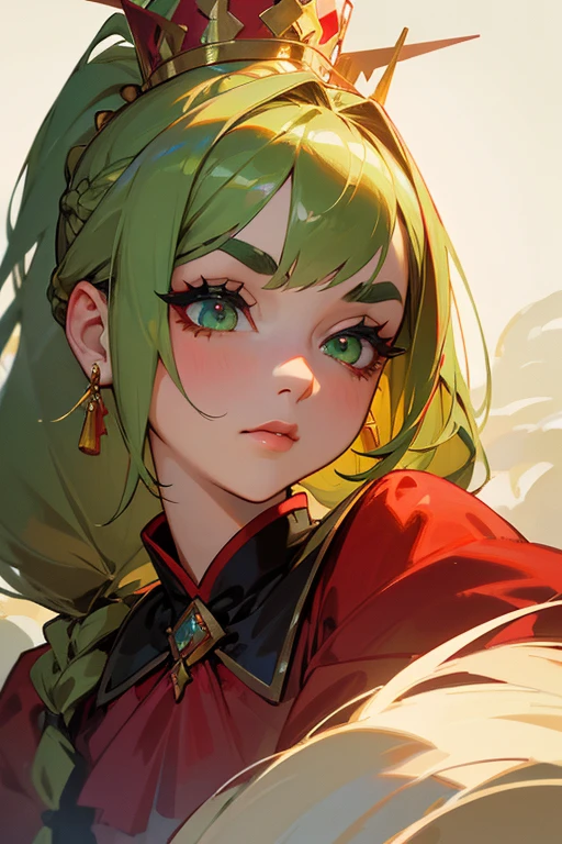 (highest quality, masterpiece:1.2), High resolution, Very detailed, Realistic:1.37, Fantasy, An illustration, Green Eyes、Queen, Red dress.Platinum decoration、beautifully、Eyeshadow Red、Thick eyebrows、Long eyelashes、pupils are black、Her hair is light green、Gold crown、Kissing Face、Embarrassing、people々々々Loved by、ponytail、Shoulder Bare、Surprised face、Braid、parfait、