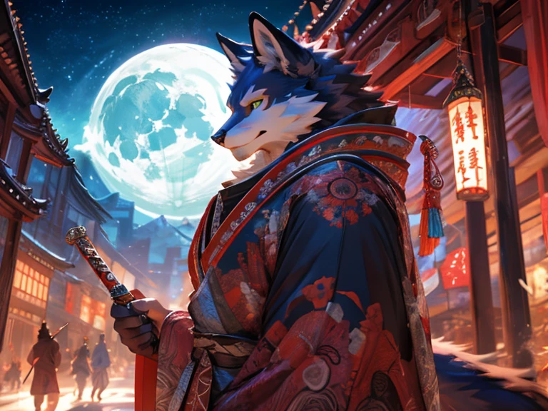 posted on e621, (by Chunie), male, Wolf anthro, solo, light green eyes, (Realistic eye details 1.2), anime character with a sword in a city at night, onmyoji detailed art, fox nobushi holding a naginata, onmyoji, fox nobushi, colorful kitsune city, anthropomorphic cat ninja, traditional japanese concept art, Inspired by Ryusei Kishida, moon bear samurai, moon bull samurai, samurai cat, in a panoramic view, masterpiece, Abstract beauty, ultra detailed face, depth of field, motion blur, high details, high quality, award winning, HD, 16k, (best quality,4k,8k,highres,masterpiece:1.2),ultra-detailed,realistic:1.37,HDR,UHD,studio lighting,extreme detail description,professional,vivid colors,bokeh,lively atmosphere, natural lighting