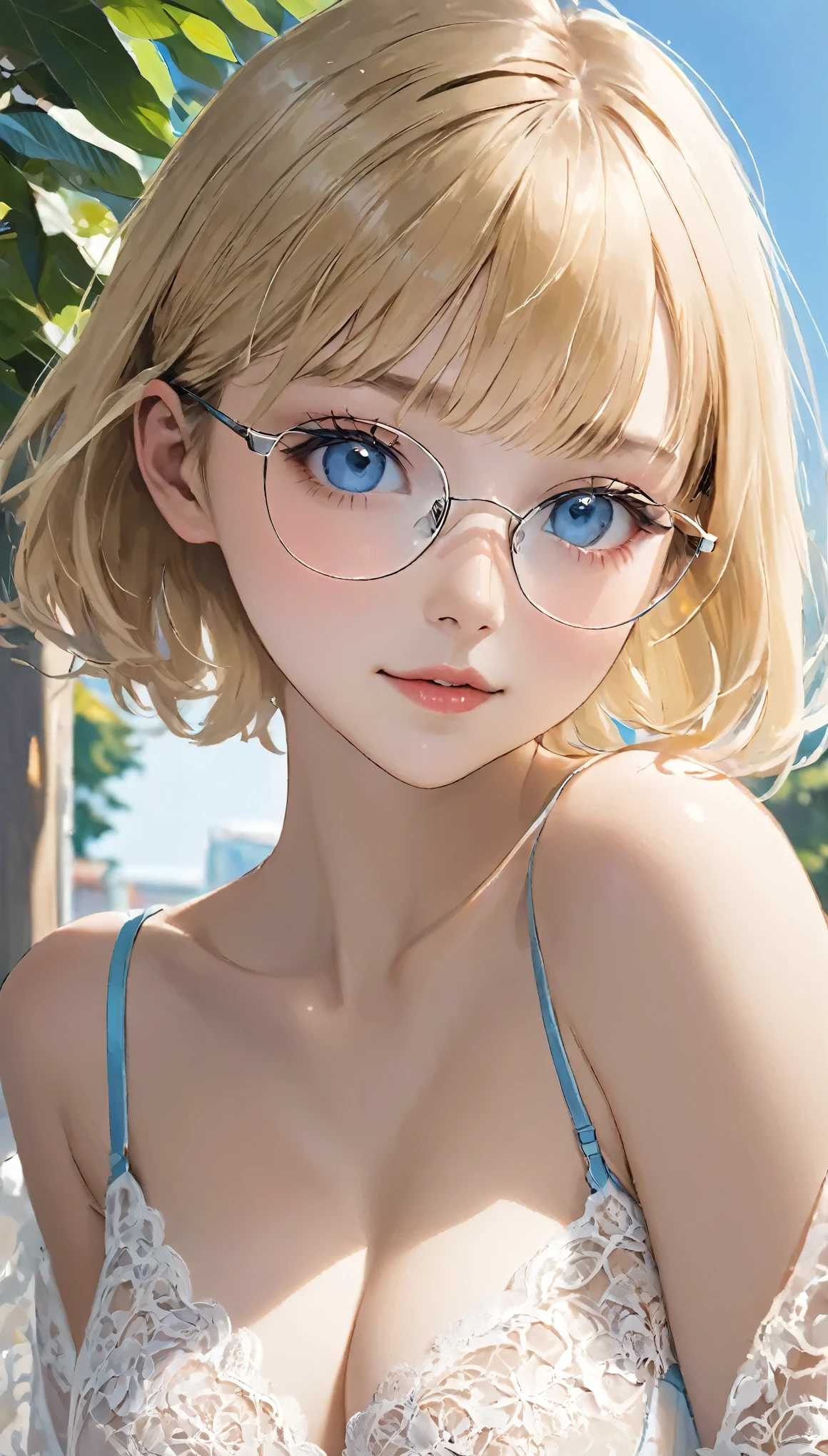 Beautiful and fair、Radiant Skin, 3 Up, Gorgeous, bright, Refreshing and gentle expression, Perfect beautiful face、Blonde short hair,Beautiful shiny bangs, A very beautiful girl, Eyeliner, Very perfect and beautiful lovely big clear sky blue eyes,Very large breasts,Grooves reveal original skin,Muscular body,Silver glasses,Tight lace lingerie,