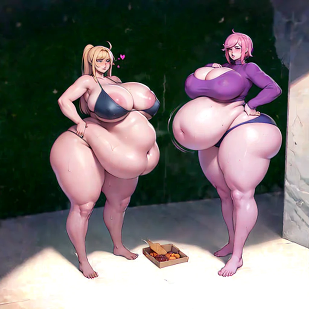 A young woman in a bikini, massive bloated overstuffed heavy protruding bulging obese round belly, hyper massive obese tall wide round heart shaped bubble butt, wide fat hips, massive fat round breasts, deep long cleavage, so full it hurts, gurgling belly, sloshing belly, distended belly, churning belly, it hurts being so full but it feel so good, squishy belly, bellies squished together, squished together, shes upset her friend isnt as fat as her, shes making her obese, wide stance, struggling to stand, deep navel, juicy fat ass, food baby,