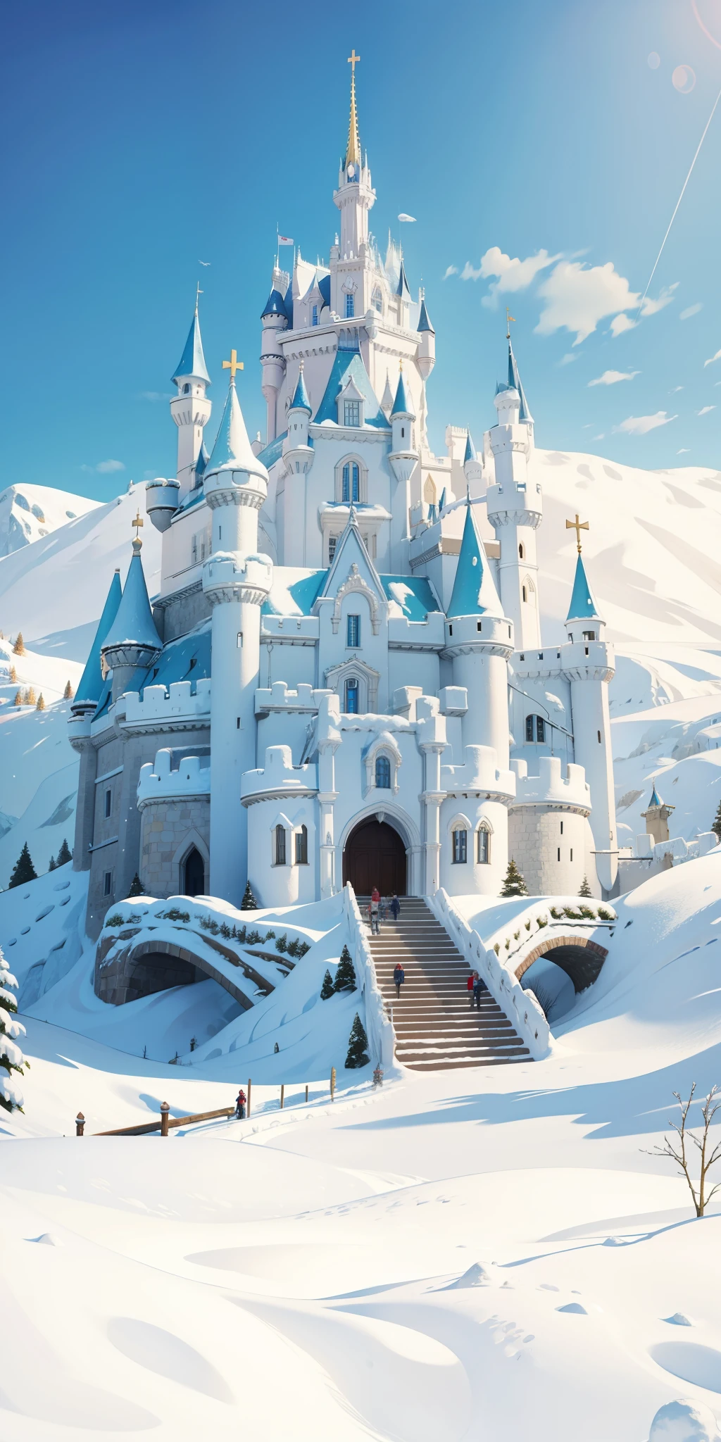 Castelo totalmente feito de gelo, neve, castelo de gelo, flocos de neve, extremamente realista, muito lindo, disney