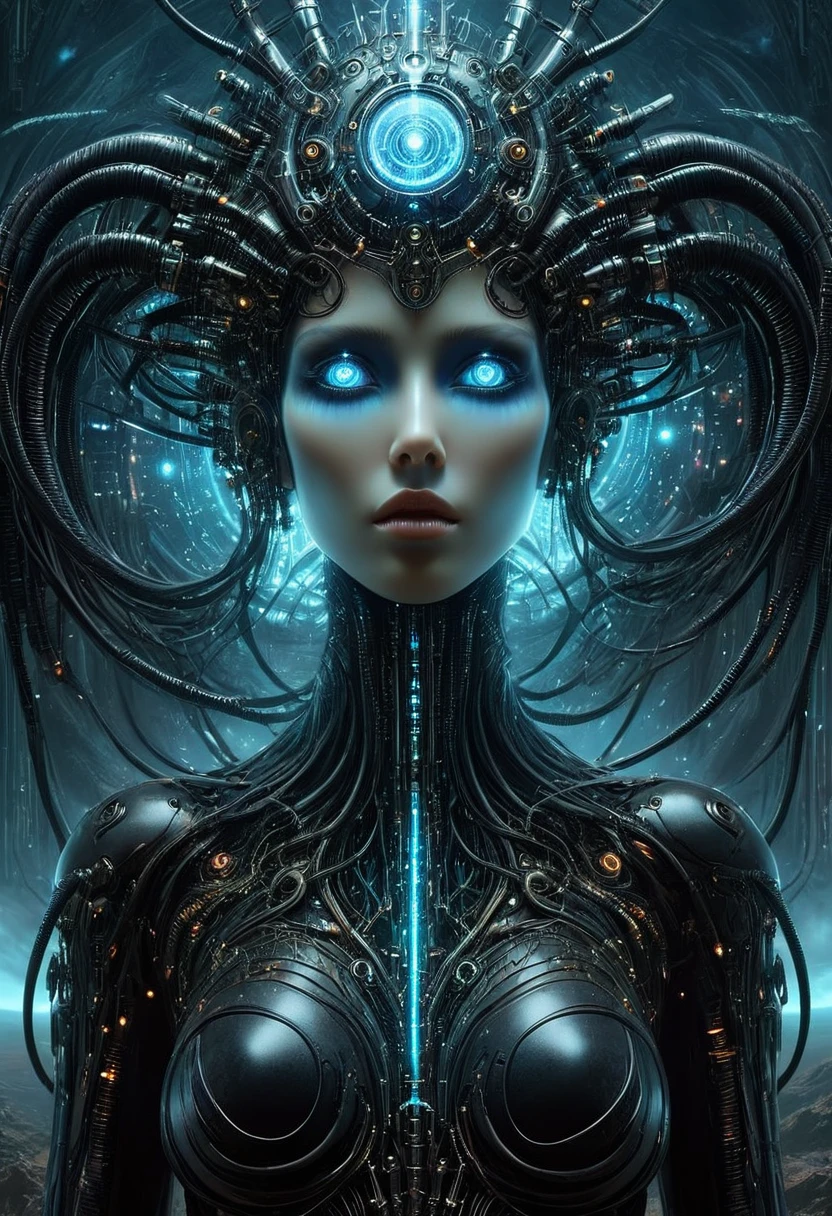 The prompt for the given theme is: "black color, ram's head, Death's scythe, infernal horror, overlooking, tattered clothes, downward gaze, illustrations, highres, ultra-detailed, dark fantasy, sharp focus, vivid colors, dramatic lighting, bokeh". female robot pilot, mechanical creature, electronic wires relays computer nerves, girl face, dystopian surrealism, alex ries zdzisaw beksinski giger, very intricate details, demon chinese female, deep luminous eyes contain galaxies, head contains nebula, deep aesthetic, concept art, carved silver circuits diodes resistors semiconductors, highly ornate
