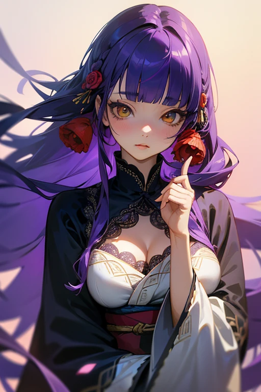 1 girl, Blunt bangs, Braiding, Wide sleeves, hair ornaments, kimono, Yellow and navy lace、(Purple Hair:1.2), Very long hair, Straight hair, Looking at the audience, Highly detailed background, (Realistic:1.2), Beautiful Eyes, Red eyeshadow, Written boundary depth,thigh, (Ulzzang-6500:0.7), Upper Body, (alone:1.2), Cleavage, Shiny skin、Hair blowing in the wind、4 fingers, 1 thumb、Roses、