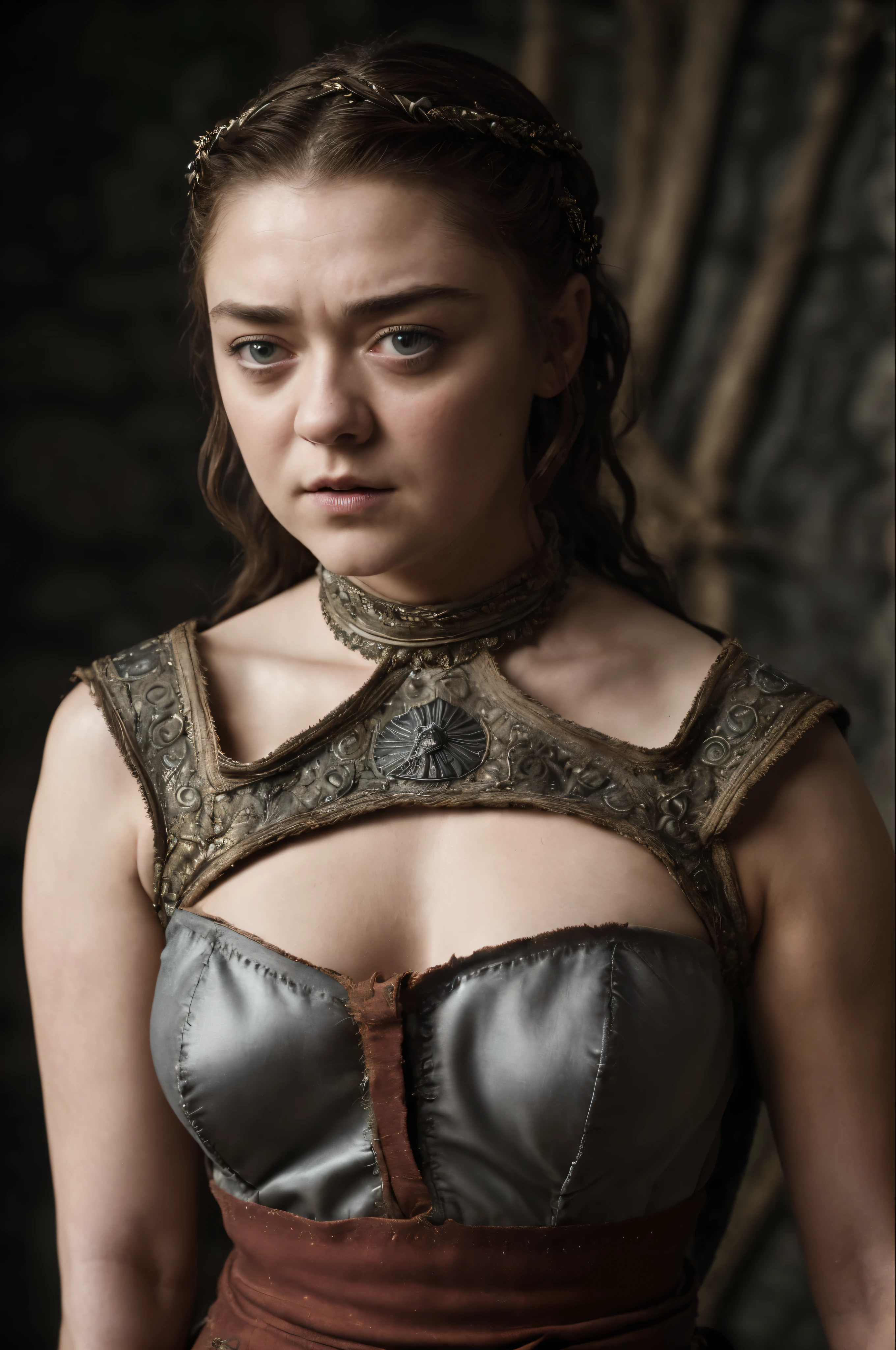 Foto RAW, Arya Stark, Extremely gorgeous lady, Arya Stark PLAYED BY MAISIE WILLIAMS, Queen Arya Stark, she  a mature woman now, milf, sexy mediaeval tribal dress, gladiator woman, body, 40 years old Woman, Roman slave dress, cotton dress, busty mediaeval costumes, body revealing costumes, perky breast, big natural breast, erotic costumes, lusty physique, seductive figure can capture every people's attention, Game of thrones costumes, revealing captivating figure, Mediaeval costumes, revealing clothes, A tomboy, she would rather fence than dance, warrior queen , game of thrones screen caps, Game of Thrones Series, (a Close-up Portrait photo of a middle age Woman), (metalic skin color),(Highly detailed face:1.4)(background inside dark, Moody, Private study:1.3),(split lighting: 1.4),in swag,extremely detailed armpits hairs,portrait,half body,detailed eyes and face,detailed hair,traditional clothing,aged appearance,royal background,studio lighting,vibrant colors,dignified expression) , Nikon D850, film stock photograph ,4 Kodak Portra 400 ,Camera f1.6 shots ,Rich colors ,Ultra photo realsisim ,Lifelike texture, Dramatic lighting , cine still 800,