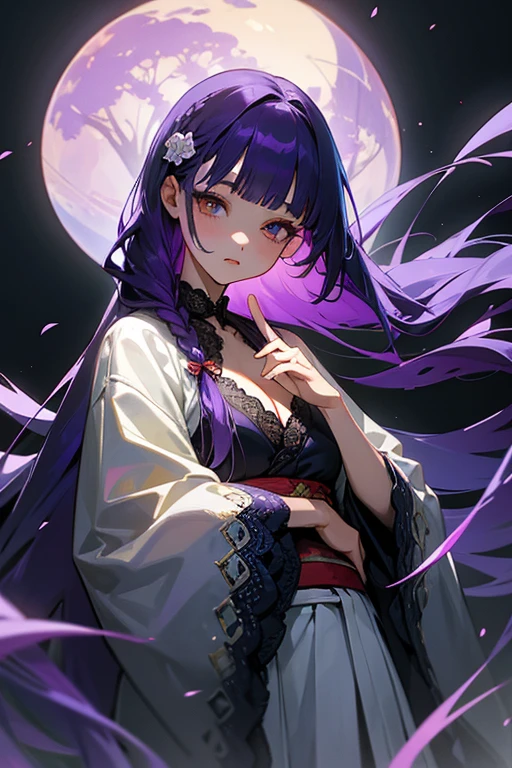 1 girl, Blunt bangs, Braiding, Wide sleeves, hair ornaments, kimono, Yellow and navy lace、(Purple Hair:1.2), Very long hair, Straight hair, Looking at the audience, Highly detailed background, (Realistic:1.2), Beautiful Eyes, Red eyeshadow, Written boundary depth,thigh, (Ulzzang-6500:0.7), Upper Body, (alone:1.2), Cleavage, Shiny skin、Hair blowing in the wind、4 fingers, 1 thumb、Roses、
