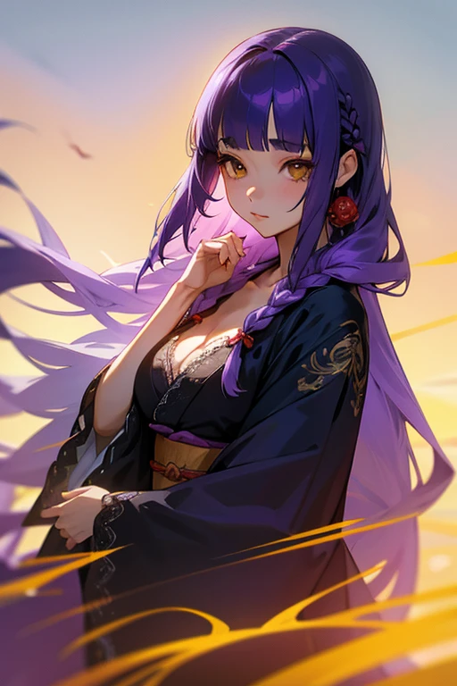 1 girl, Blunt bangs, Braiding, Wide sleeves, hair ornaments, kimono, Yellow and navy lace、(Purple Hair:1.2), Very long hair, Straight hair, Looking at the audience, Highly detailed background, (Realistic:1.2), Beautiful Eyes, Red eyeshadow, Written boundary depth，thigh, (Ulzzang-6500:0.7), Upper Body, (alone:1.2), Cleavage, Shiny skin、Hair blowing in the wind、4 fingers, 1 thumb、Roses、