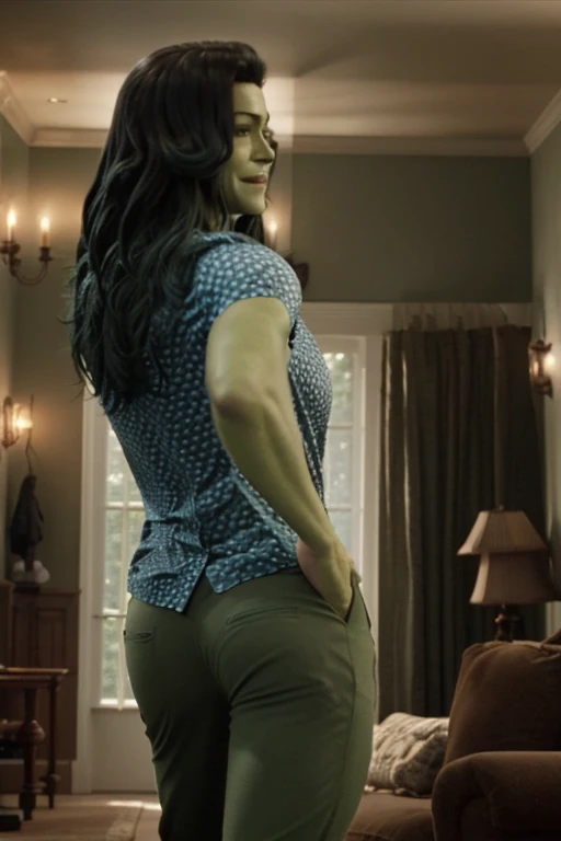 a photo of tatmshlk ,a woman,polka dot shirt,pants,frontal,in a room,david fincher lighting style, back view, ass, bending over 