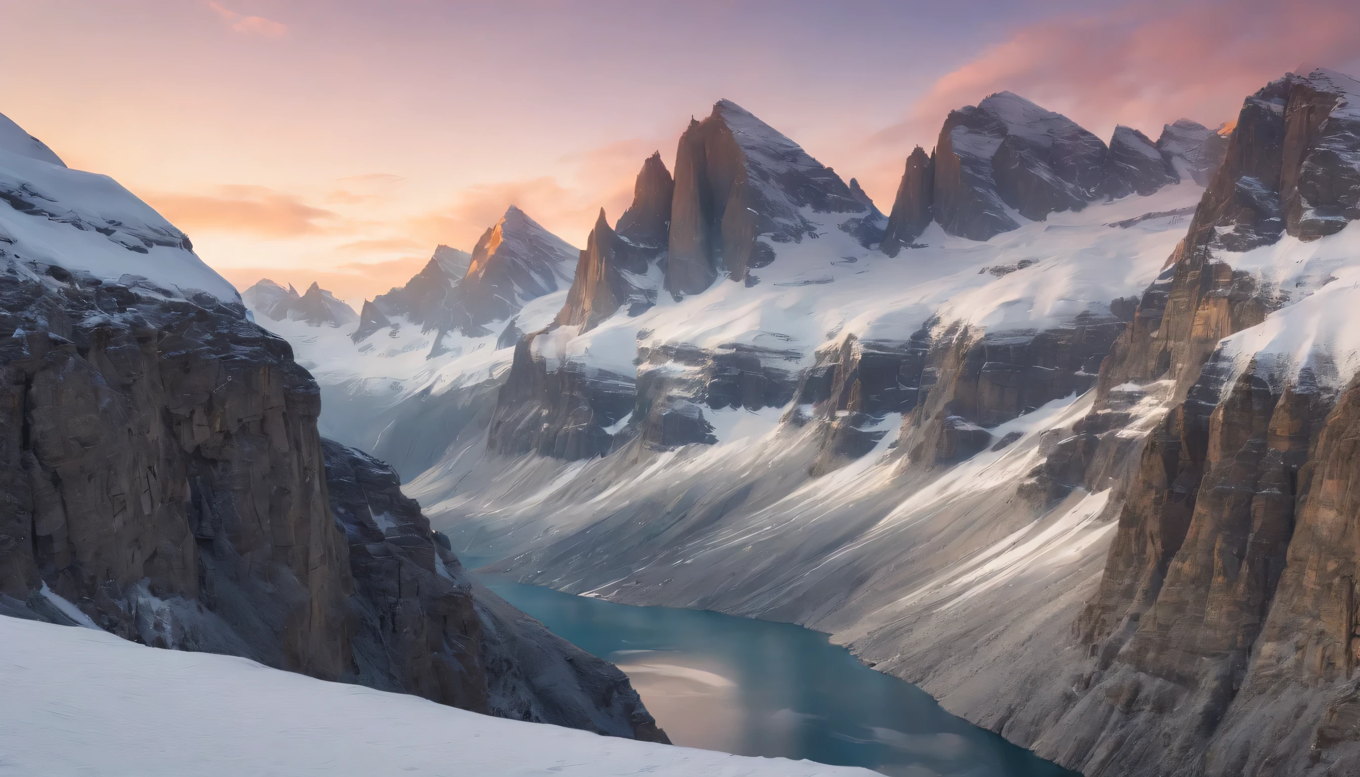 SCENE WITH EXUBERANT SHARPNESS AND DEFINITION, AMONG THE STEEP AND INTRINSIC MOUNTAINS WITH SHARP ROCKS WITH SNOW AND ICE, THE CLEAR AND COLD SKY HAS CLOUDS DESTROYED BY THE FREEZING WIND FROM THE POLE, IMAGEN HIPER REALISTA, maximum depth of field, HIGHEST HDR RESOLUTION, UHDE, 4K, EXTREME SHARPNESS AND DEFINITION, Professional cinematographic lighting, PERSPECTIVA PERFECTA COLORES VIBRANTES