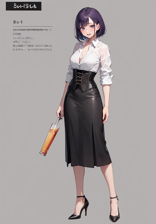 Purple hair,short hair,Adult female,(bartender),((Roll up your shirt sleeves)),(Rolling up the sleeves of his shirt),(corset),(skirt),(High heels),((Simple Background)),smile,((whole body)),((full body)),Character Sheet,