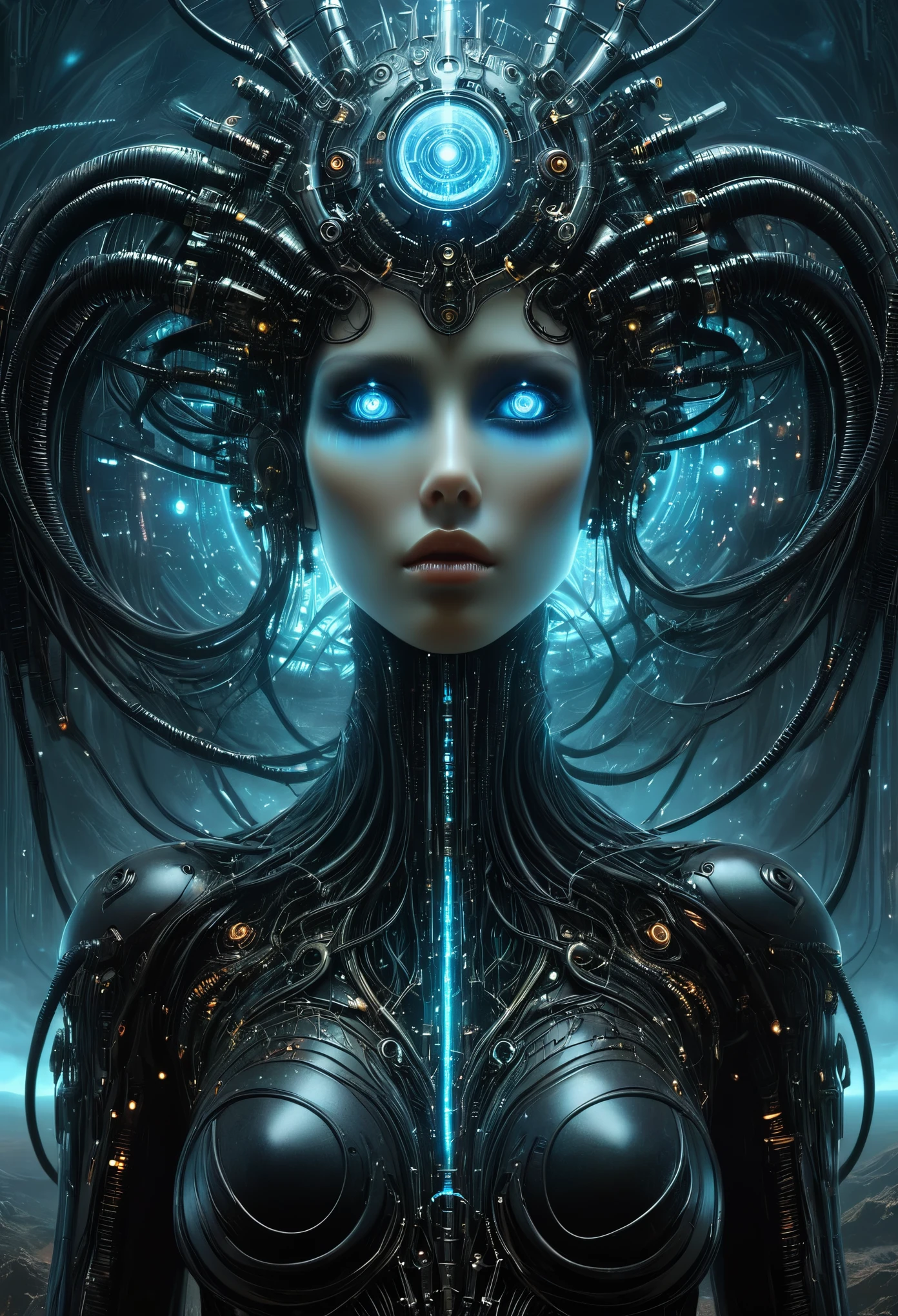 The prompt for the given theme is: "black color, ram's head, Death's scythe, infernal horror, overlooking, tattered clothes, downward gaze, illustrations, highres, ultra-detailed, dark fantasy, sharp focus, vivid colors, dramatic lighting, bokeh". female robot pilot, mechanical creature, electronic wires relays computer nerves, girl face, dystopian surrealism, alex ries zdzisaw beksinski giger, very intricate details, demon chinese female, deep luminous eyes contain galaxies, head contains nebula, deep aesthetic, concept art, carved silver circuits diodes resistors semiconductors, highly ornate
