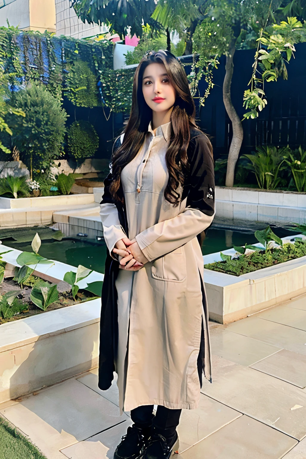 Pakistani young girl in shalwaar qameez with realistic picture and best quality in the garden and wear black coat and some people on aide places