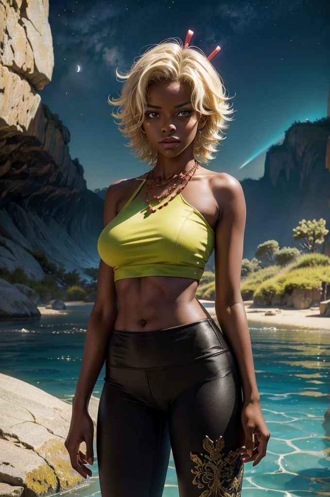 arslanaltan, 1girl, blonde hair, short hair, green eyes, dark skin, brown skin, hair ornament, t-shirt, bare shoulders, yoga pants, necklace, (Masterpiece, Best Quality, Highres:1.2), Detailed, Intricate Details, 4K, solo, cowboy shot, high rating, standing, cave entrance, underground pool, rocks, looking at viewer, night, stars, moon