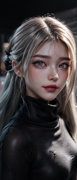 (Japanese cartoons, illusory:1.2), (portrait:1.6), (Brand Collection, Fashion Brand Theme:1.6), (detailed, fair, masterpiece, best quality:1.2),(1 Girl), 22 years old, 160 cm, Japanese cute model, Tighten your whole body, Huge Breasts, Small head, Small face, Diamond Face, Small nose, Sharp facial lines, Delicate face, Delicate eyes, Young hands and fingers, fair hands and fingers, (Happy, Smile, Glossy lips:1.3), (Light lips, Half open mouth, fair Teeth:1.2), (Drooping eyes, double eyelids, Light eyes, Shining eyes:1.5), Glowing skin, (Hairstyles:1.4), (White hair:1.4), Shiny hair, (Gray simple blurred background:1.4), (mist, FOG:1.4),(Cowboy shooting:1.4), (permanent, Sexy model pose:1.2), (The Fusion of Cyberpunk and Wool:1.3), ((Wear an oversized wool turtleneck with a rubberized surface) Luxurious, Futurism, High Legs, Tights and a warm feeling:1.3), (Big sleeves:1.2), (7/8 Length:1.2), (Simple but cyberpunk themed design:1.3),
(Black and gray theme:1.2), (Low-rise leggings,With subtle reflective pattern:1.2), (Ankle boots with stylish metal details:1.4), (Avant-garde and versatile:1.2),
(Gray background:1.4), (confident permanent pose:1.2),