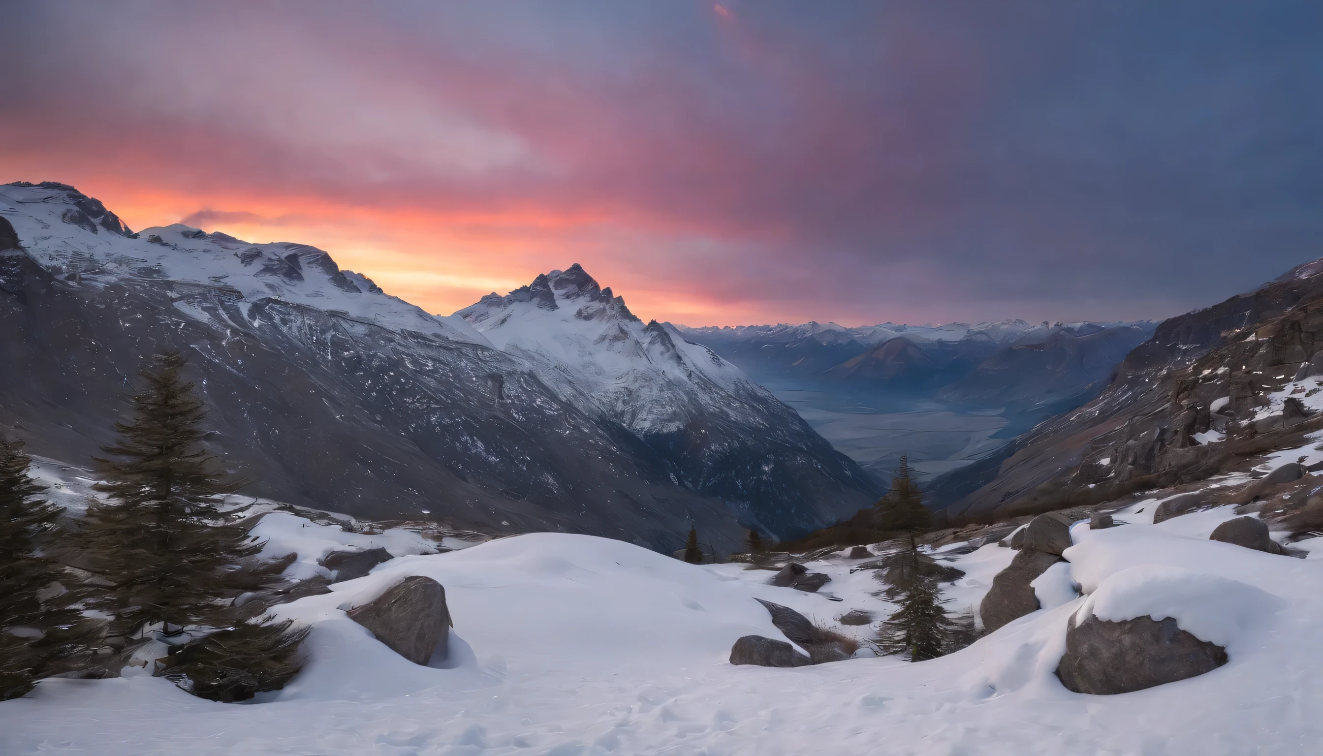 PLANETA LEJANO, EXTRATERRESTRE, VIBRANT AND DRAMATIC SUNSET, SCENE WITH EXUBERANT SHARPNESS AND DEFINITION, AMONG THE STEEP AND INTRINSIC MOUNTAINS WITH SHARP ROCKS WITH SNOW AND ICE, THE CLEAR AND COLD SKY HAS CLOUDS DESTROYED BY THE FREEZING WIND FROM THE POLE, IMAGEN HIPER REALISTA, maximum depth of field, HIGHEST HDR RESOLUTION, UHDE, 4K, EXTREME SHARPNESS AND DEFINITION, Professional cinematographic lighting, PERSPECTIVA PERFECTA COLORES VIBRANTES
