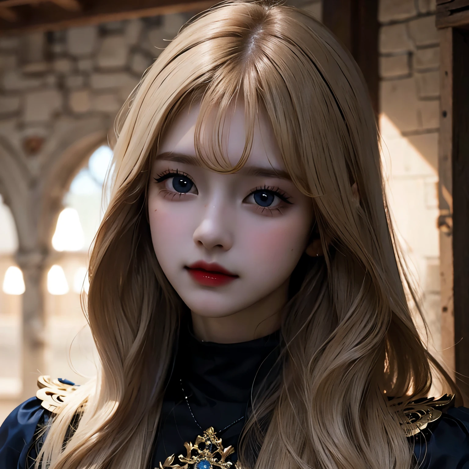 Mujer joven rubia de pelo largo fleco sutil y ojos azul oscuro, vetimenta elegante
