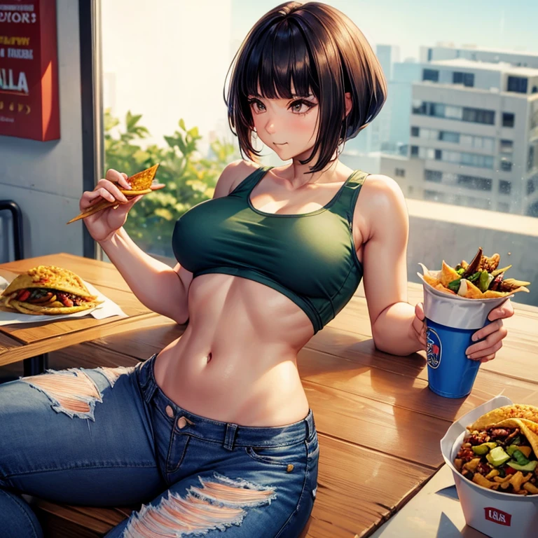 A woman in a tank top and slim jeans eating a taco at a taco shop The cola is on the table Large Breasts Big Ass