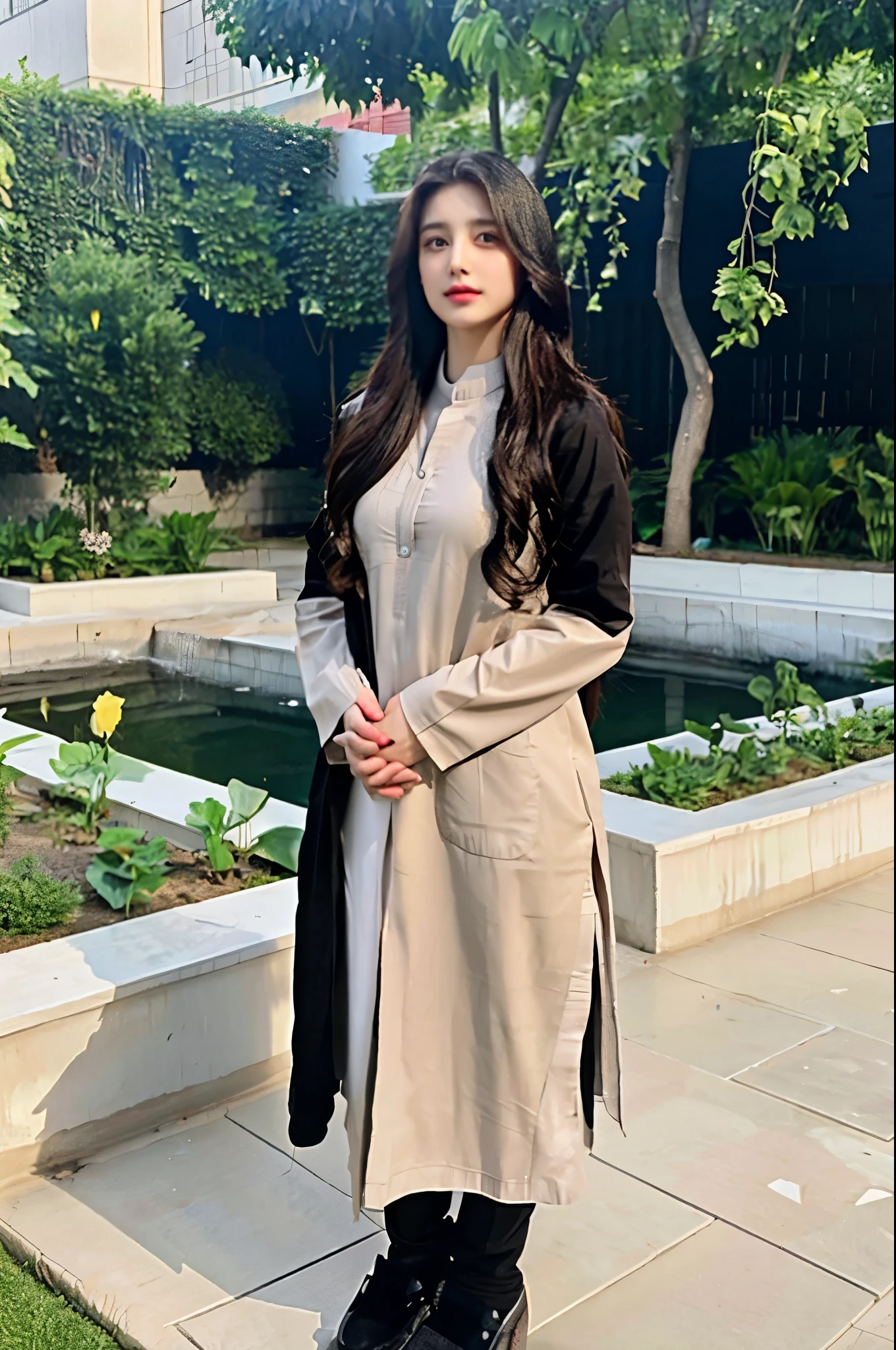 (best quality,realistic,highres),(1girl,Pakistani),(clothing,shalwar qameez),(location,garden),(clothing,black coat),People