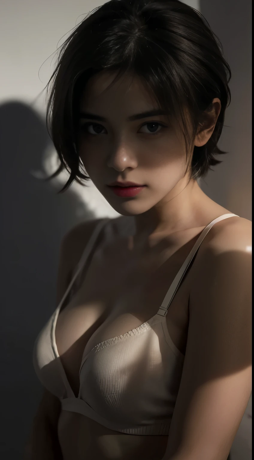Best quality, masterpiece, ultra high res, (photorealistic:1.5), raw photo, 1girl,, in the dark, deep shadow, low key, cold light, sexy look, short hair, smooth , sexy , leaf shadow, seamless bra