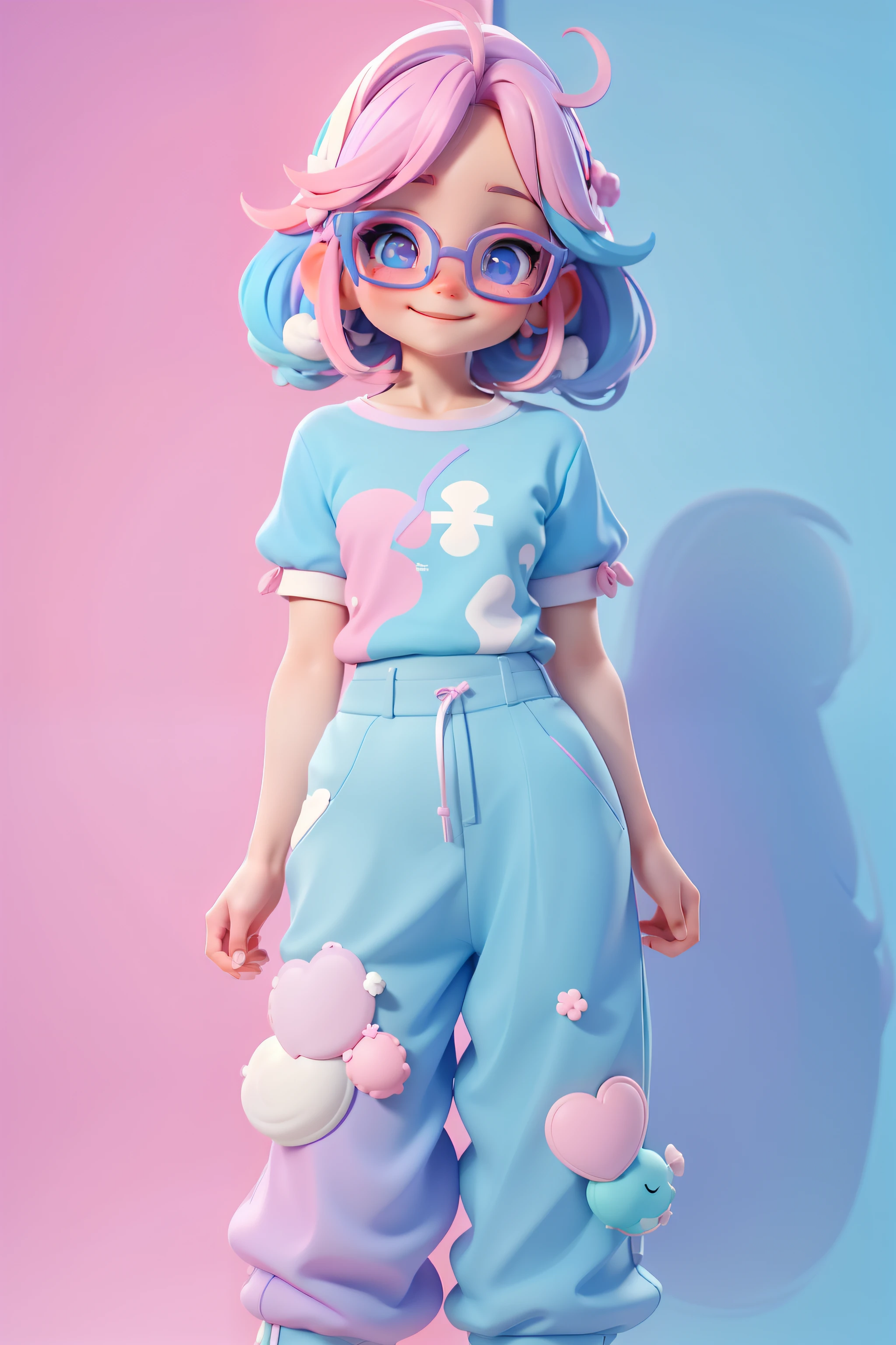  multicolorida, Fofa, romantic nerd style, delicate and elegant glasses, moleton, capuz, Camiseta, Pants, pastel shades blue and lilac, multicolorido, sorriso meigo e delicado,  corpo inteiro, olhos delicados e  cabelos multicolor, fundo simples e branco