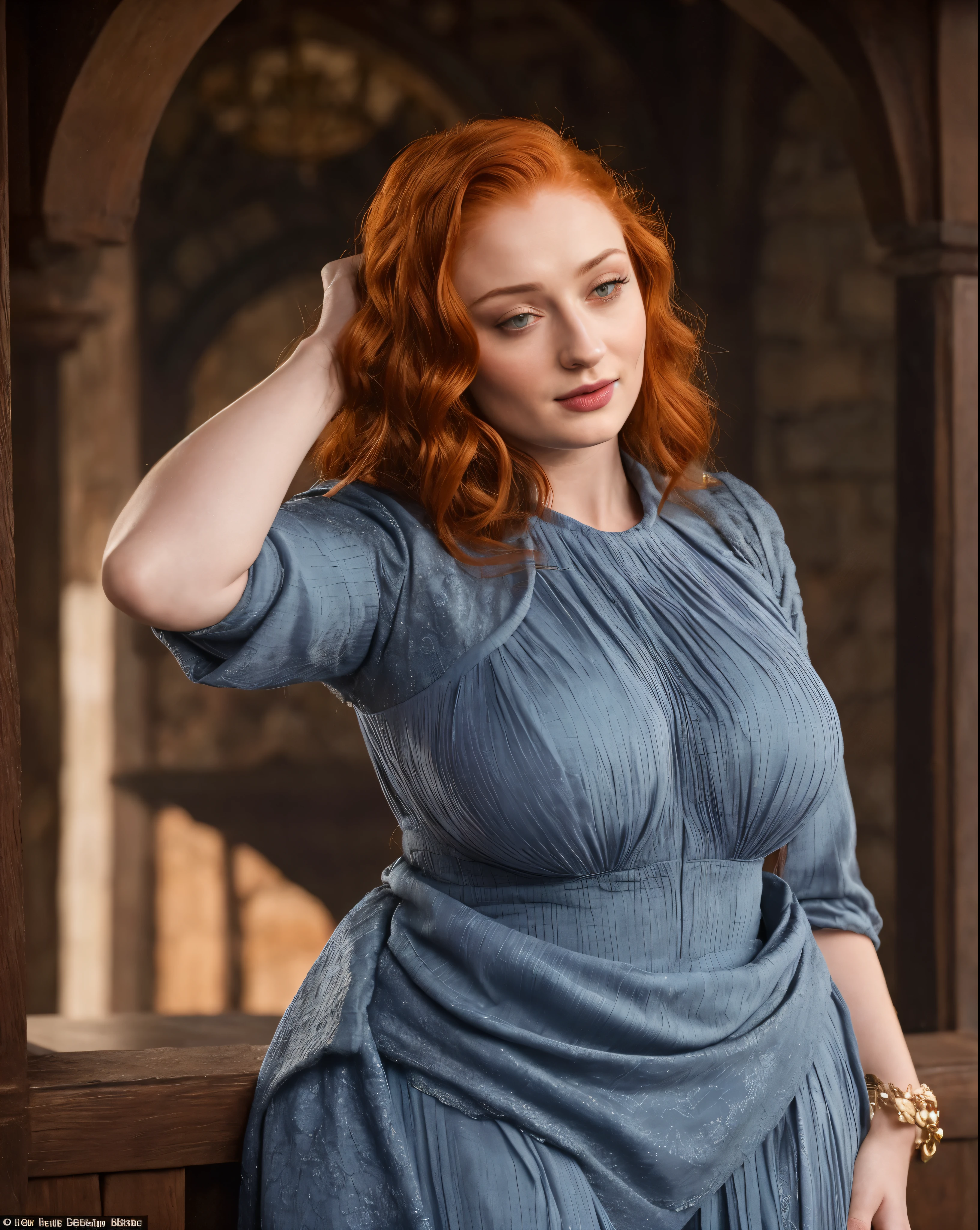 Face of Sophie Turner, Sansa Stark played by Sophie Turner, the de facto Lady of the Eyrie, is a 40-year-old mature queen with a stunning, alluring appearance. Full Face, pierced eyes, reddish lips, upper body shot, erotic Mediaeval costumes, game of thrones costumes, She wears a Game of Thrones-inspired costume and has a deep cleavage, a perfect thick body, and a perfect thick figure. The photograph captures her in a close-up, with her skin texture and facial features being ultra-realistic and realistic.