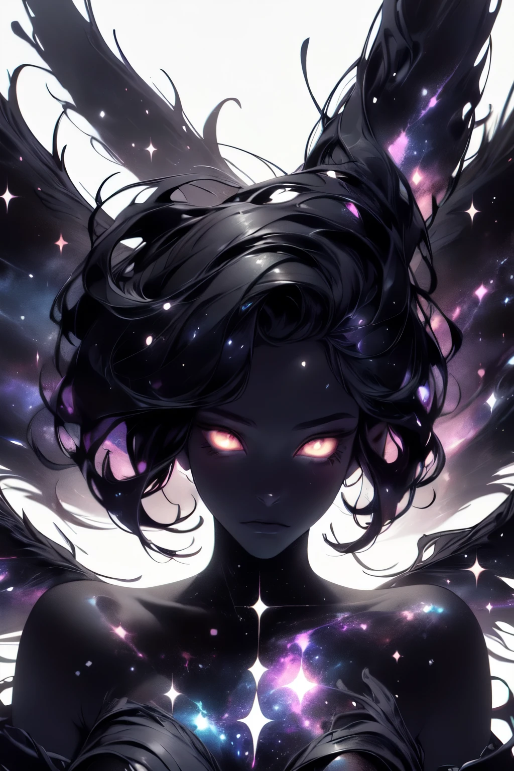 Generate a dark celestial woman with ((extremely perfect)) eyes and (((pure black galaxy skin))). Her soft face should be highly detailed and realistically shaded with puffy lips. Her wings are delicate but stunning, with many small fantasy details. This is a (((masterpiece))). Utilize dynamic composition and expressions to create a cinematic experience. Include glittering and delicate jewelry. ((dark celestialskin body, void cosmic body)), ornate