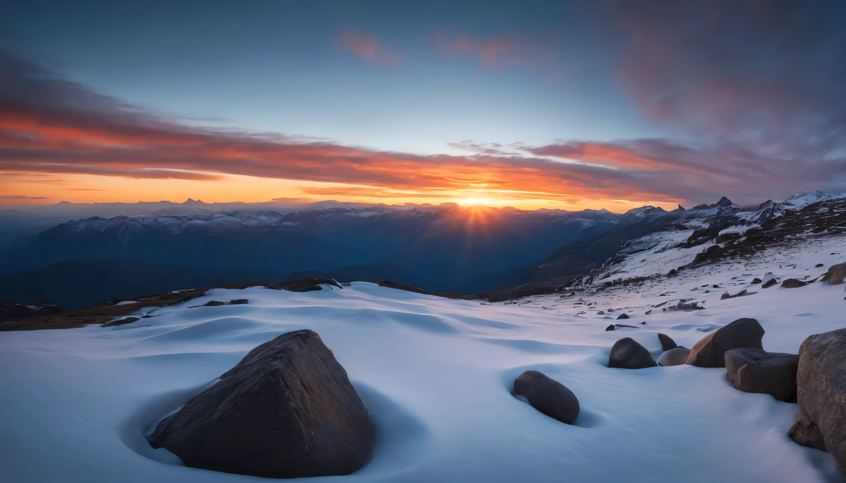 PLANETA LEJANO, EXTRATERRESTRE, VIBRANT AND DRAMATIC SUNSET, SCENE WITH EXUBERANT SHARPNESS AND DEFINITION, AMONG THE STEEP AND INTRINSIC MOUNTAINS WITH SHARP ROCKS WITH SNOW AND ICE, THE CLEAR AND COLD SKY HAS CLOUDS DESTROYED BY THE FREEZING WIND FROM THE POLE, IMAGEN HIPER REALISTA, maximum depth of field, HIGHEST HDR RESOLUTION, UHDE, 4K, EXTREME SHARPNESS AND DEFINITION, Professional cinematographic lighting, PERSPECTIVA PERFECTA COLORES VIBRANTES
